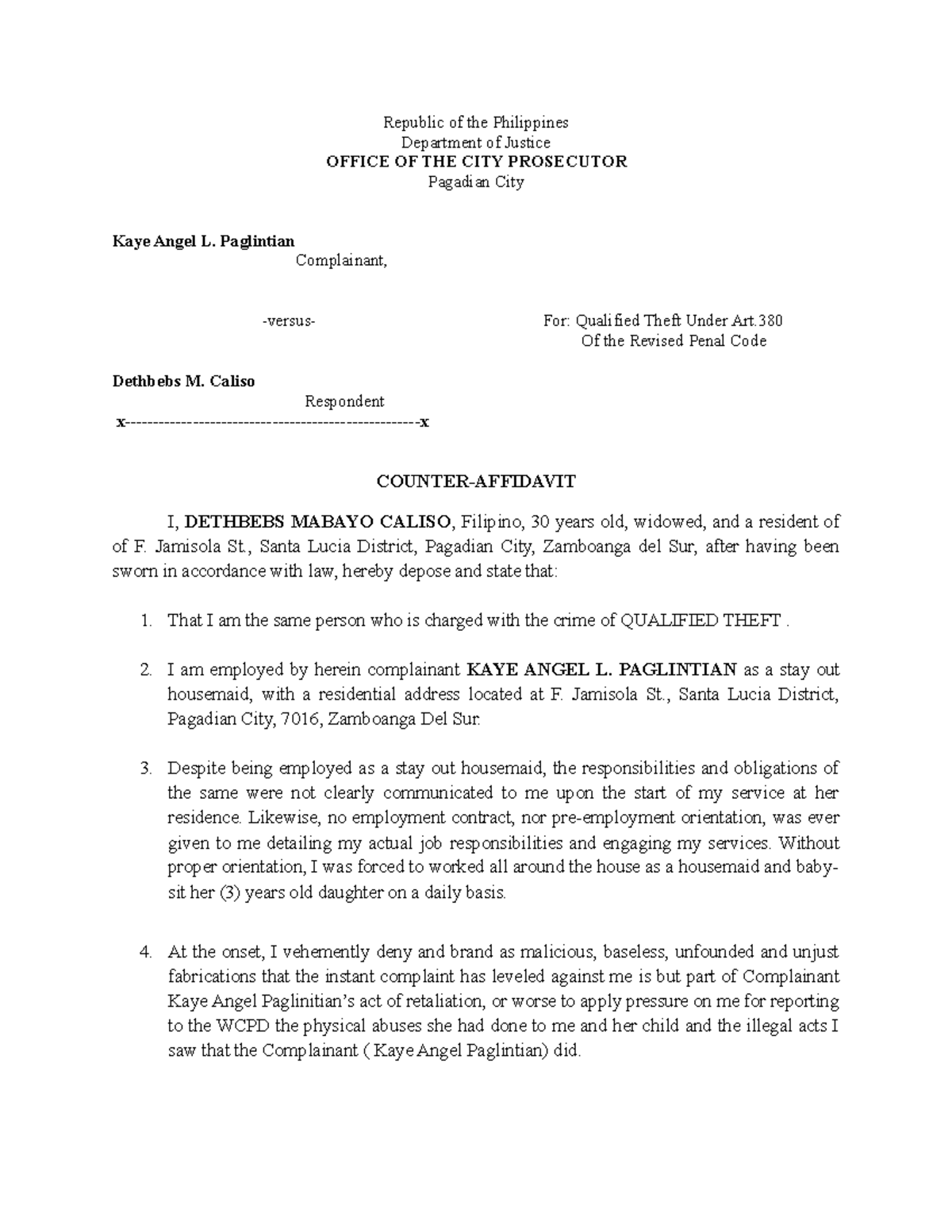 Counter affidavit - study - Republic of the Philippines Department of ...