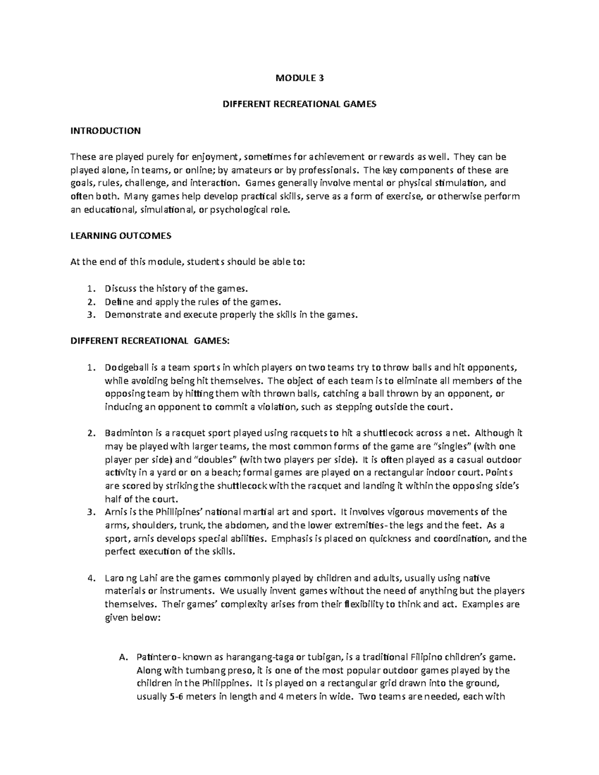Module 3 recreational new - MODULE 3 DIFFERENT RECREATIONAL GAMES ...