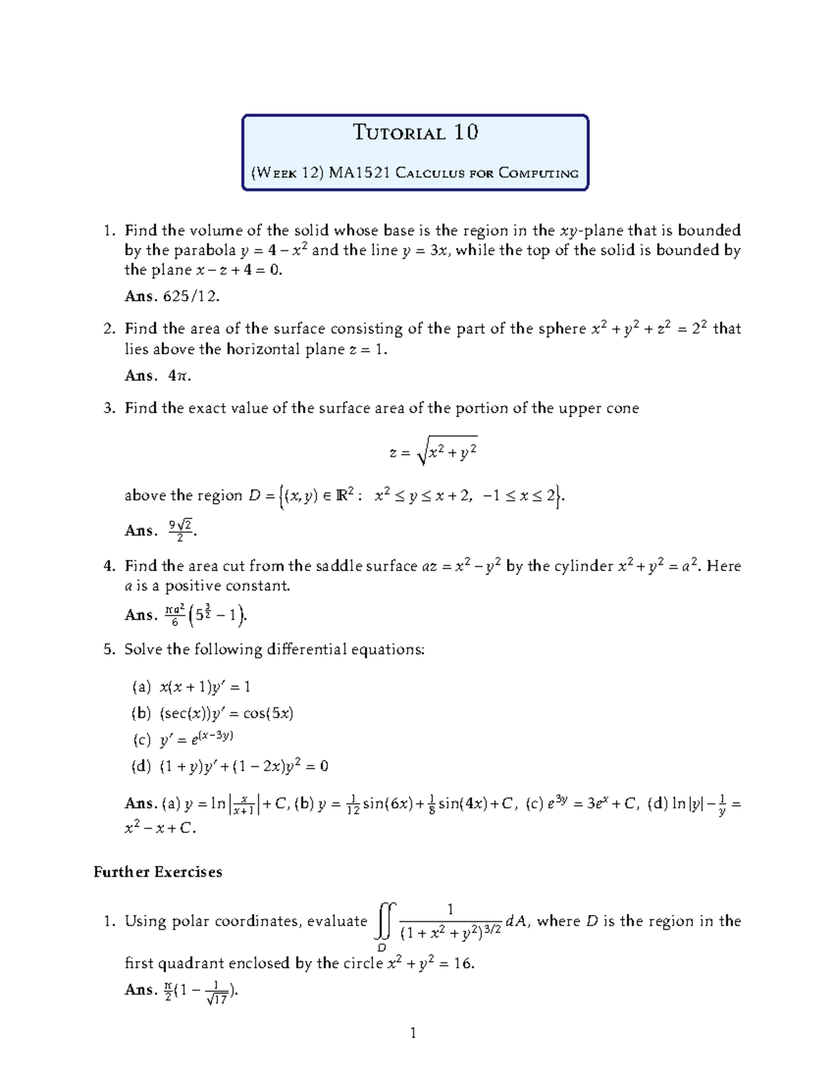 Tutorial 10 - Tutorial 10 (Week 12) MA1521 Calculus for Computing Find ...