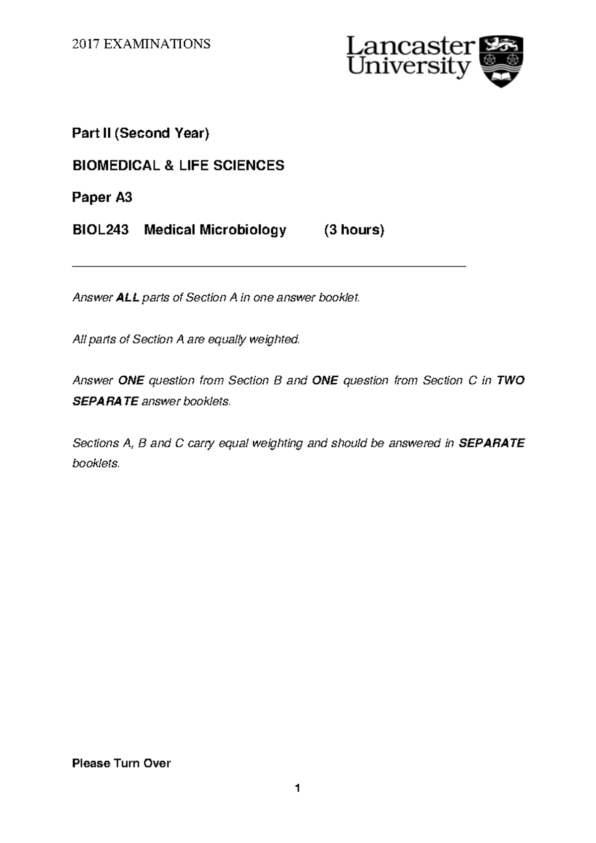 Paper A 3 BIOL243 2017 After EE - 2017 EXAMINATIONS Part II (Second ...