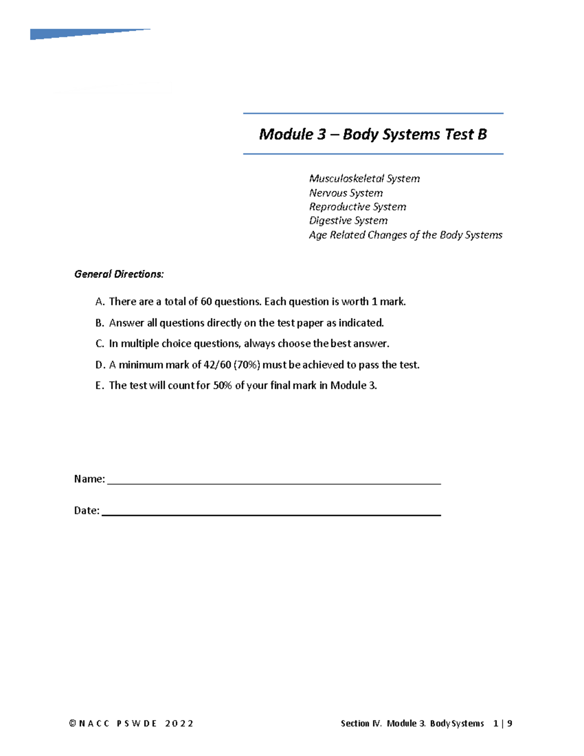 IV-4 Test - Module 3 Body Systems (B) - Module 3 – Body Systems Test B ...