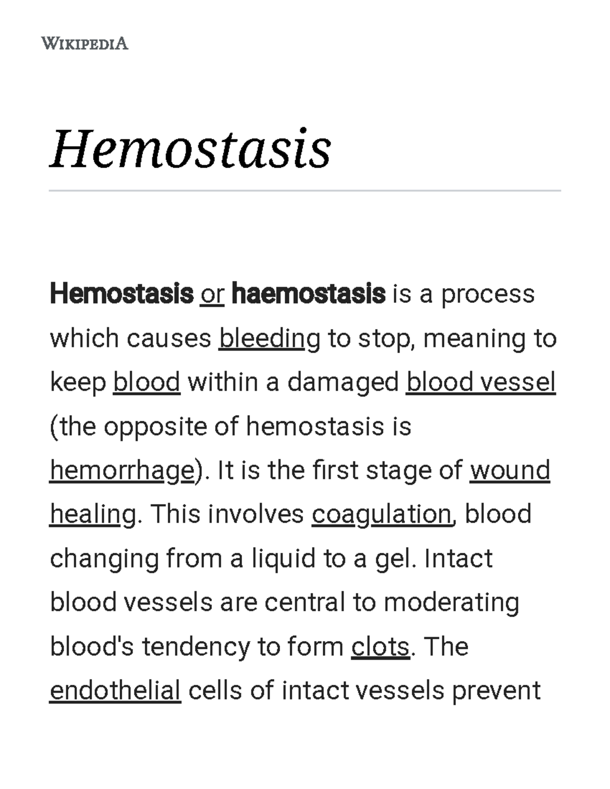 Hemostasis - Wikipedia - Hemostasis Hemostasis Or Haemostasis Is A ...