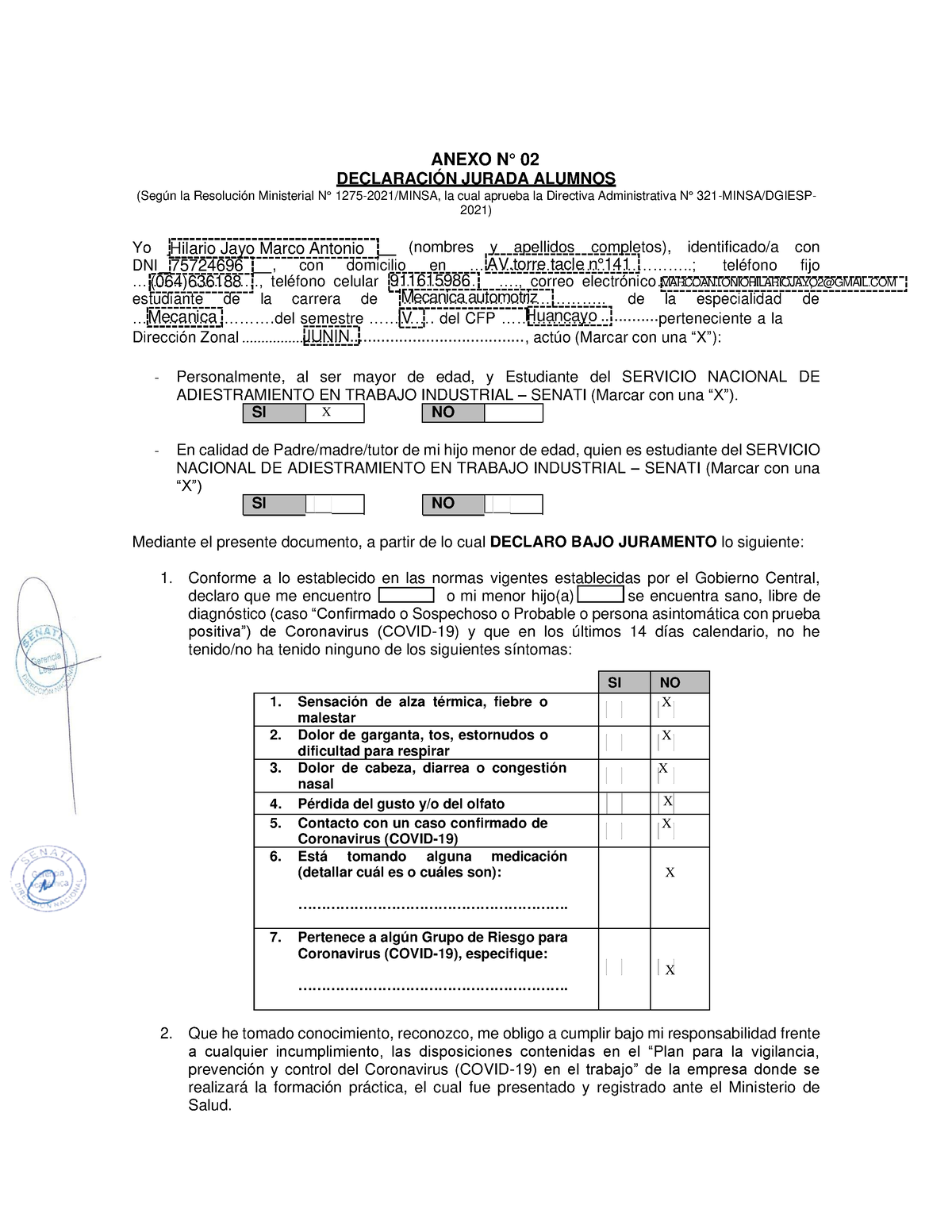 Anexo N° 02 Declaracion Jurada PARA Alumnos 17 - ... 91 ... 16 ... 15 ...