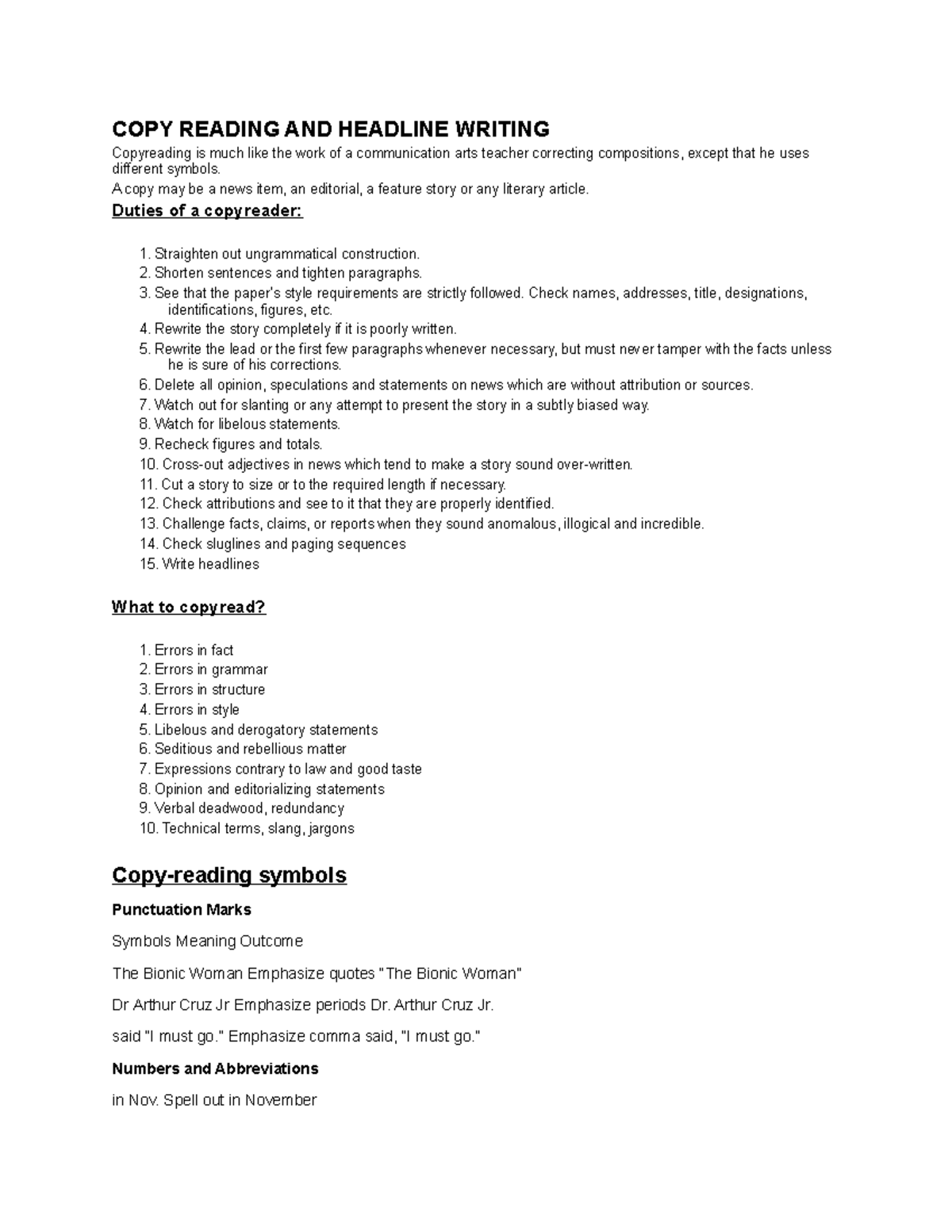 COPY Reading AND Headline Writing COPY READING AND HEADLINE WRITING