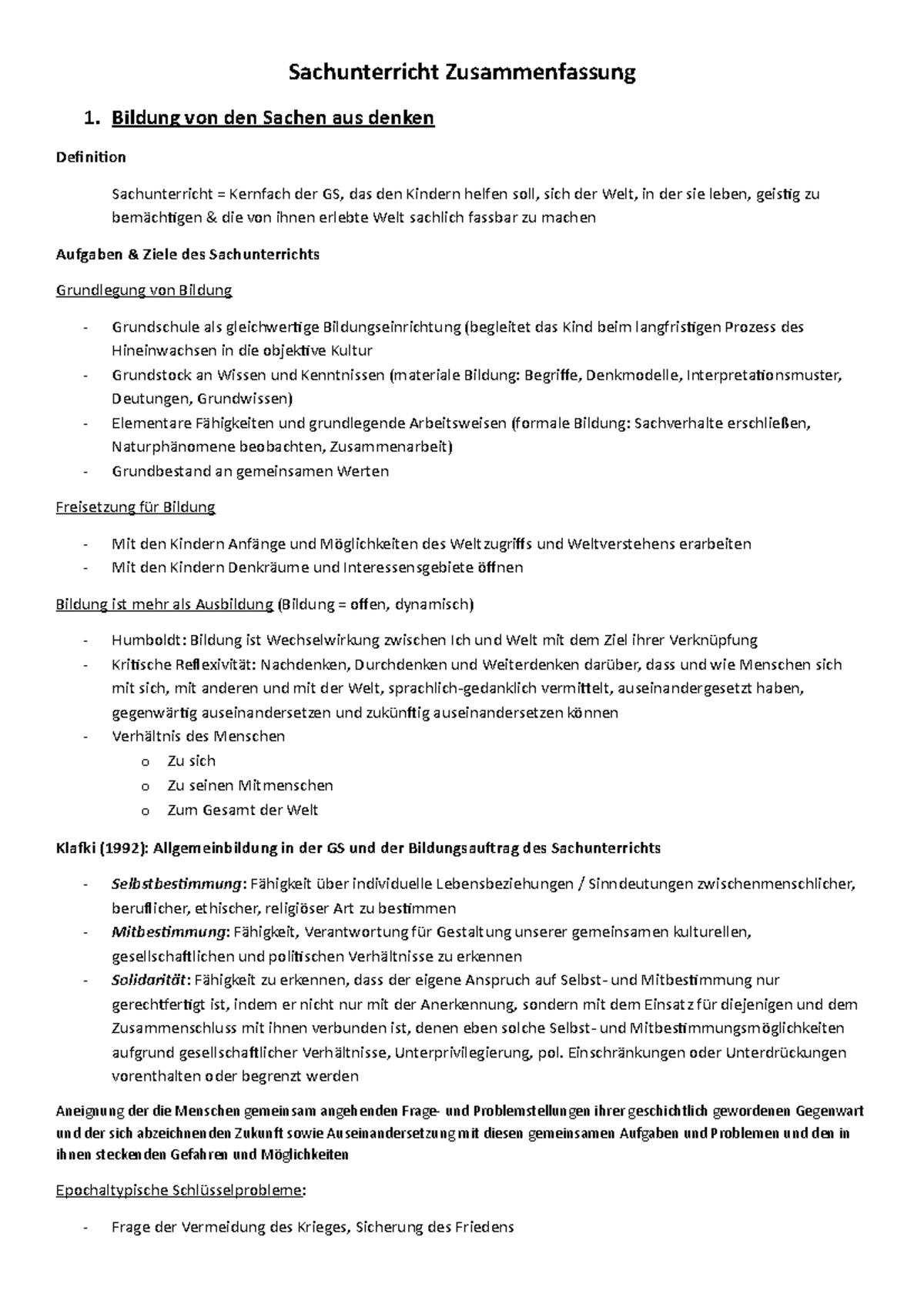 Sachunterricht Zusammenfassung - Bildung von den Sachen aus denken Definition Sachunterricht ...