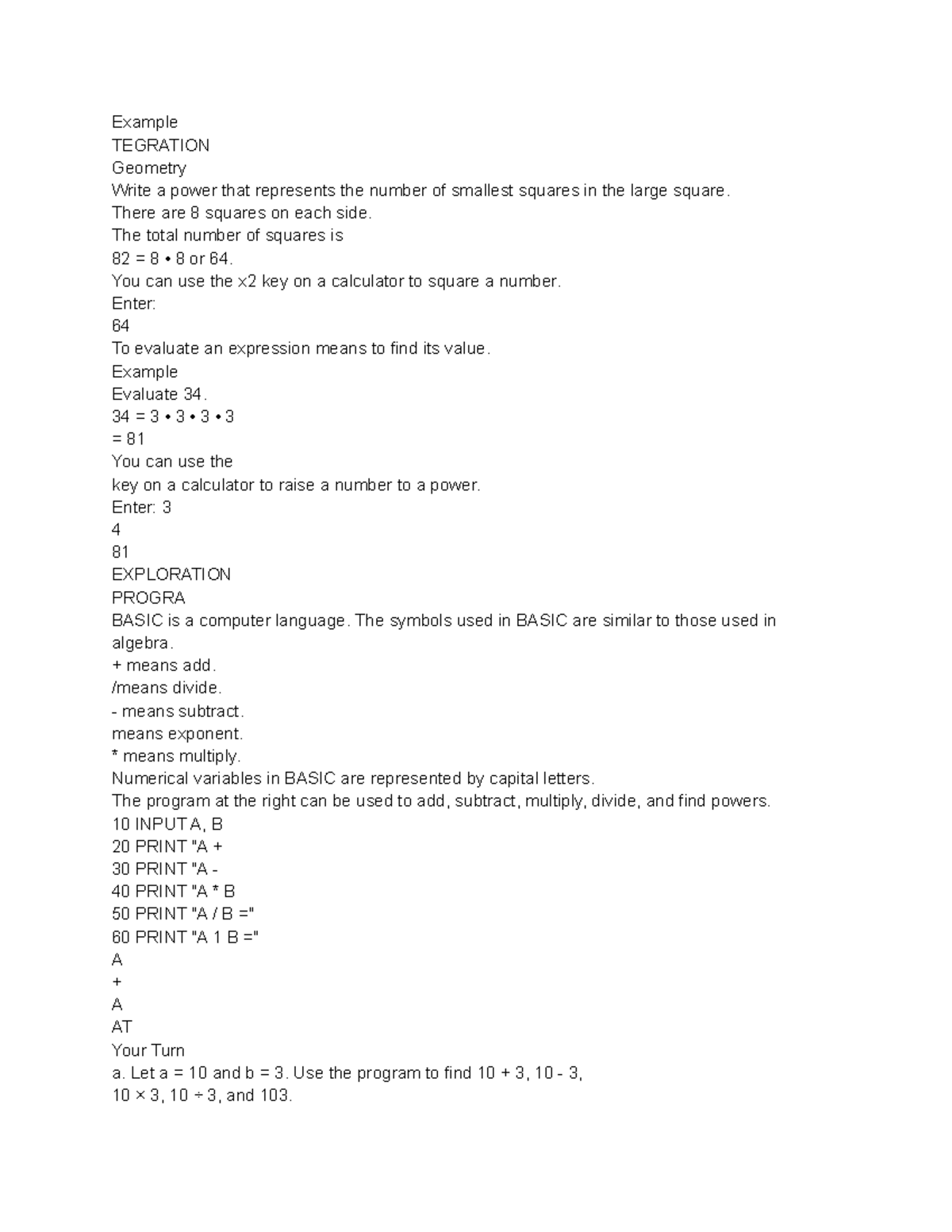 Powers - Example TEGRATION Geometry Write a power that represents the ...