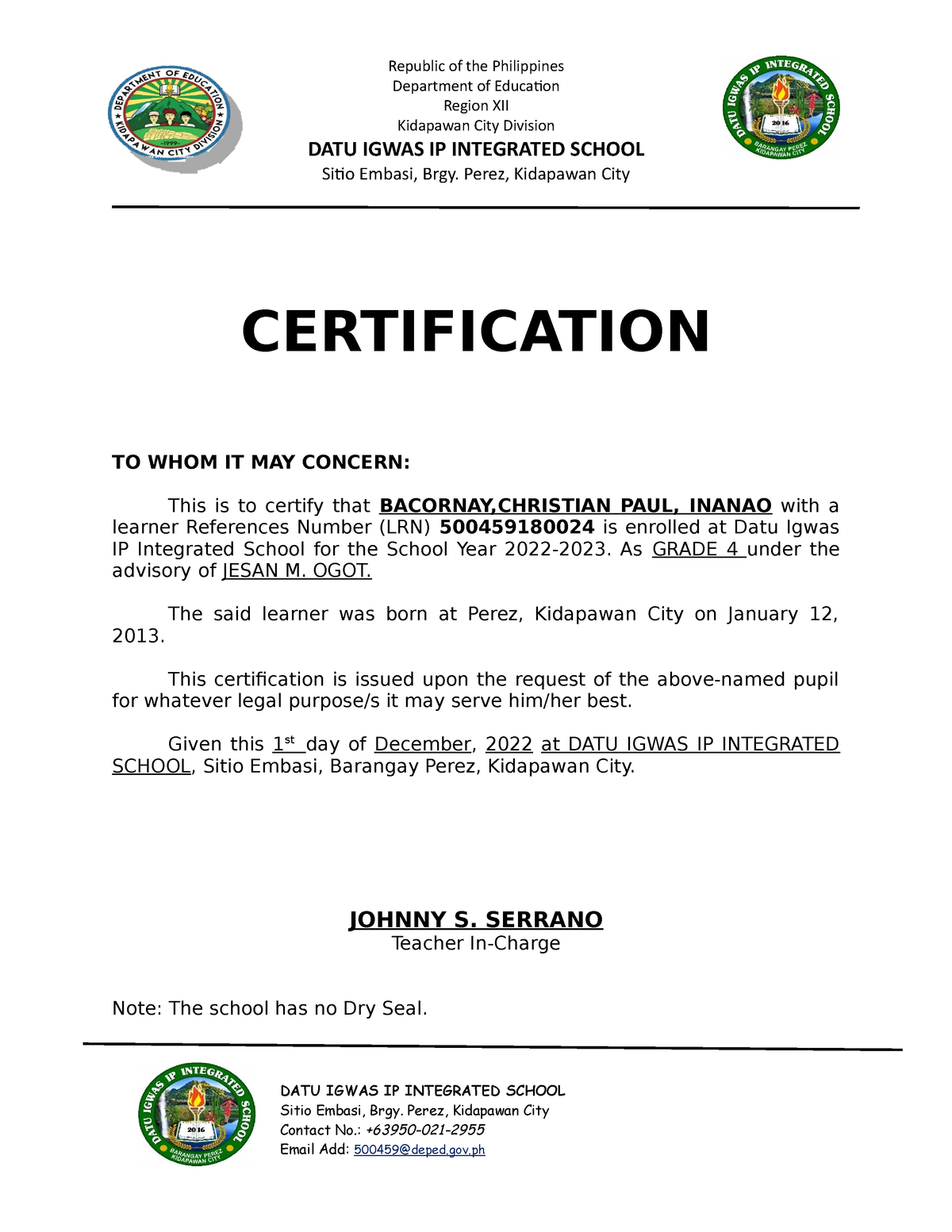 Certification OF Enrollment - Republic of the Philippines Department of ...