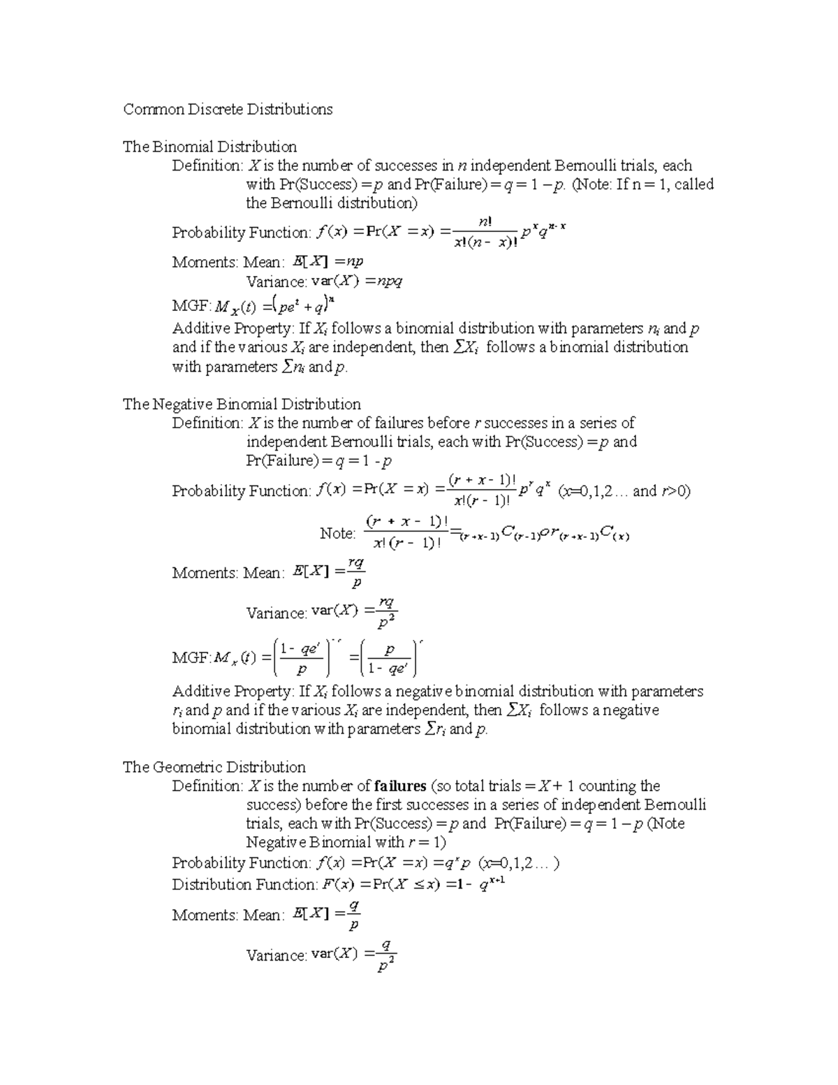 Discrete Distributions Notes Math 3160 Probability Uconn Studocu