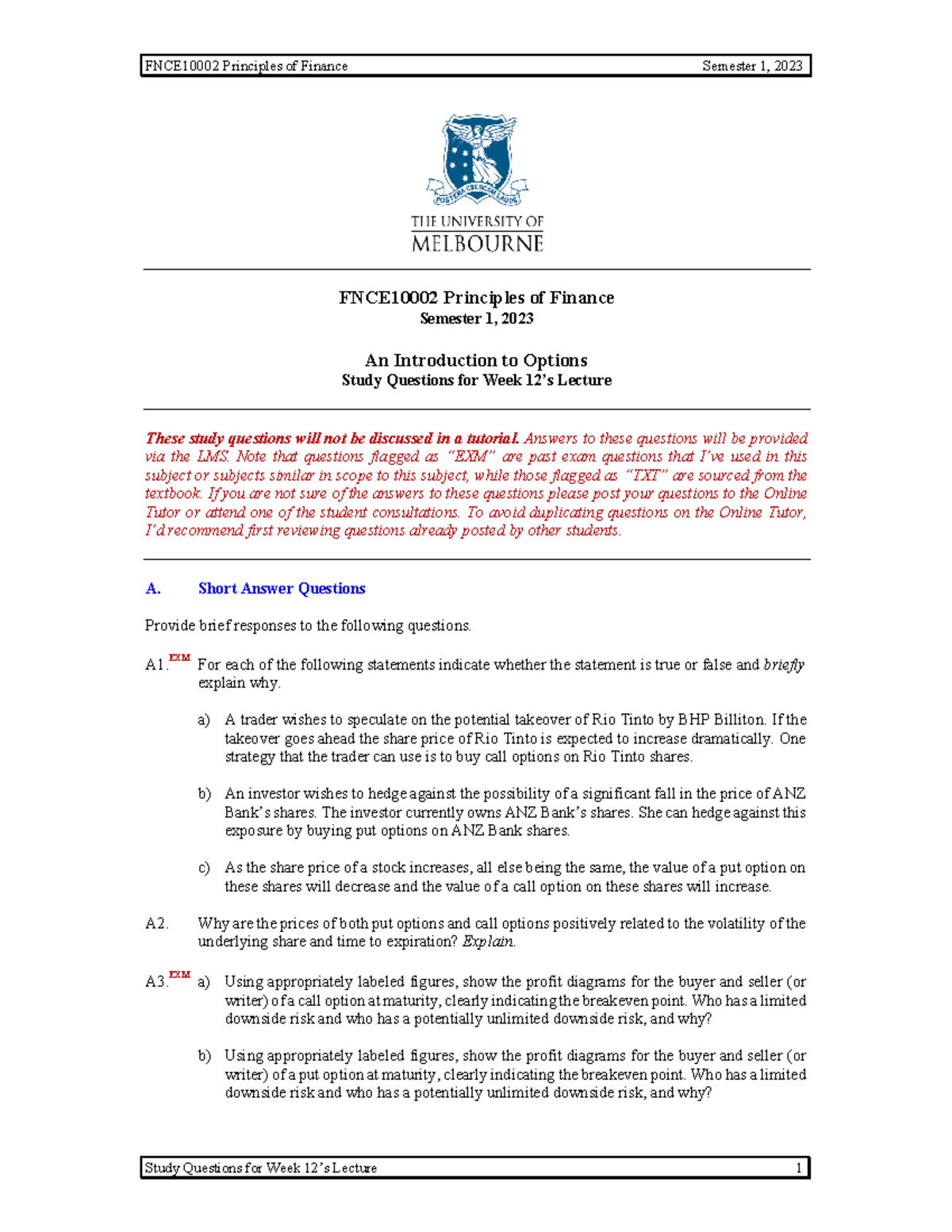 Tutorial 12 - Options - FNCE10002 Principles of Finance Semester 1 ...