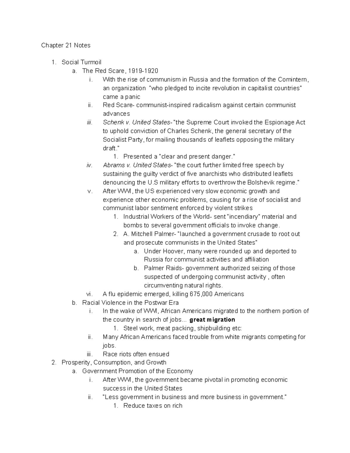 Chapter 21 Notes - Chapter 21 Notes 1. Social Turmoil a. The Red Scare ...