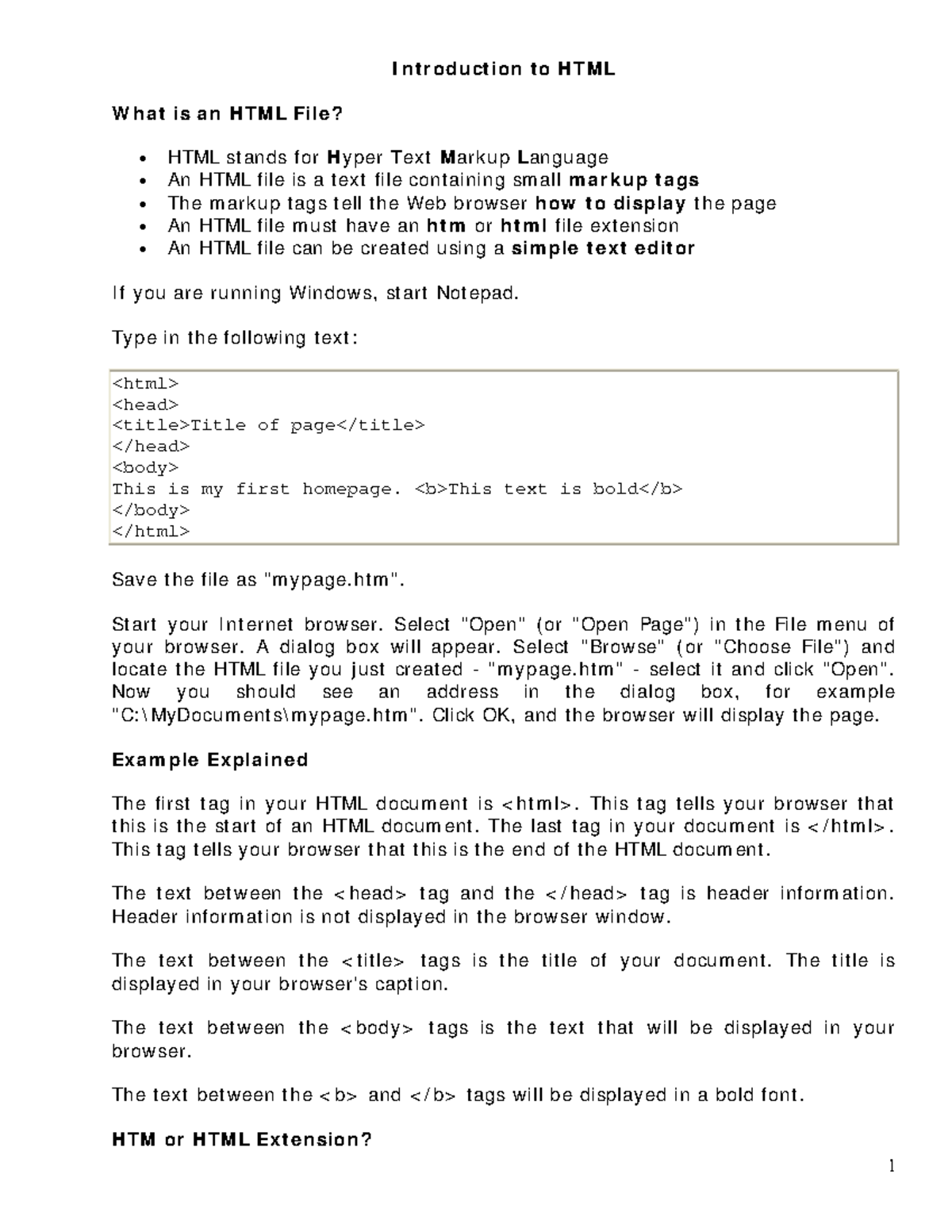 Introduction to HTML Notes - I n t r od u ct ion t o H TM L W h a t is ...