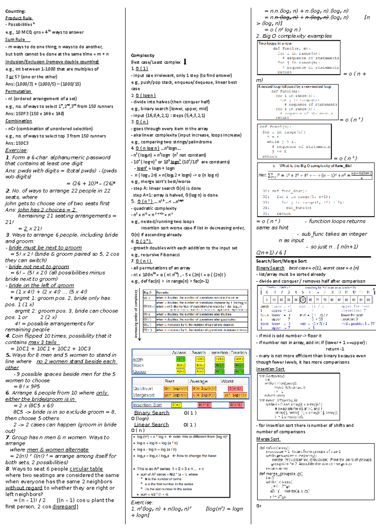 Cheatsheet - Counting: Product Rule Possibilities N e., 10 MCQ qns = 4 ...