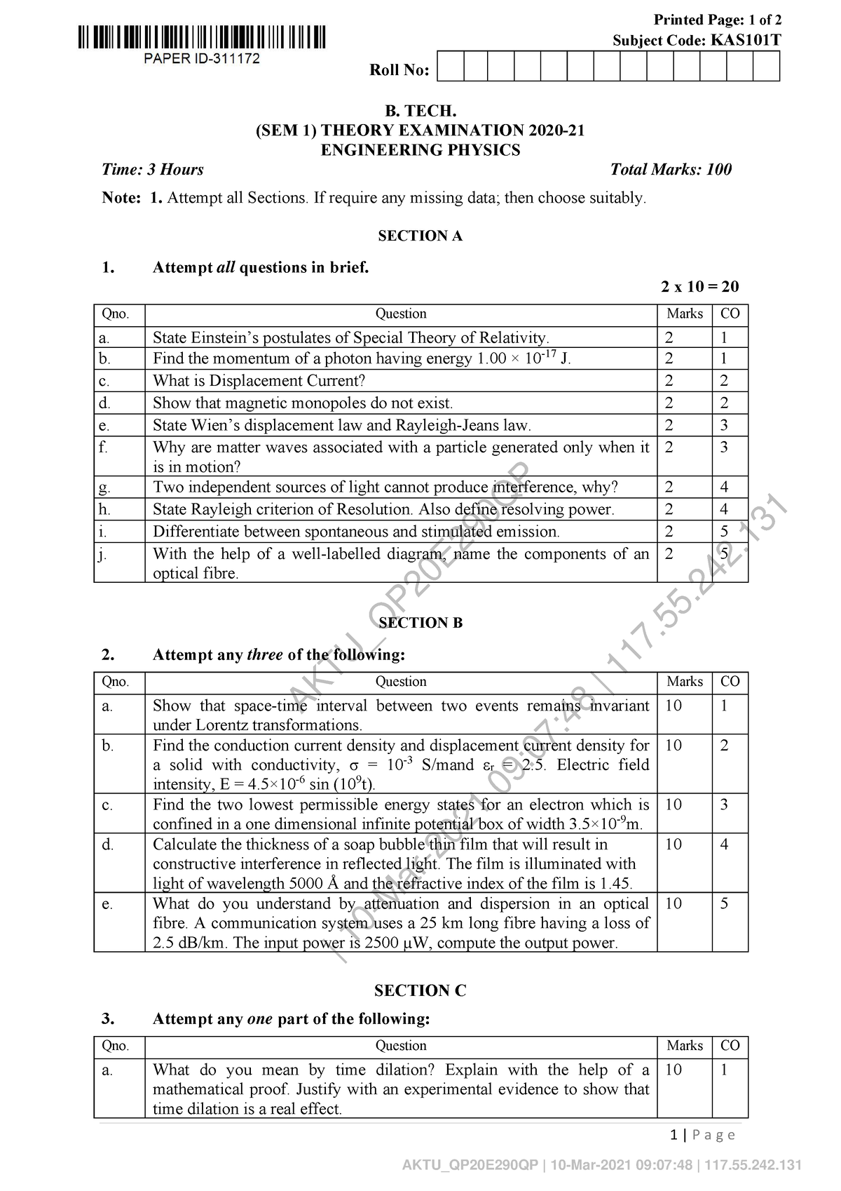 Engineering Physics KAS 101T - AKTU_QP20E290QP | 10-Mar-2021 09:07:48 ...