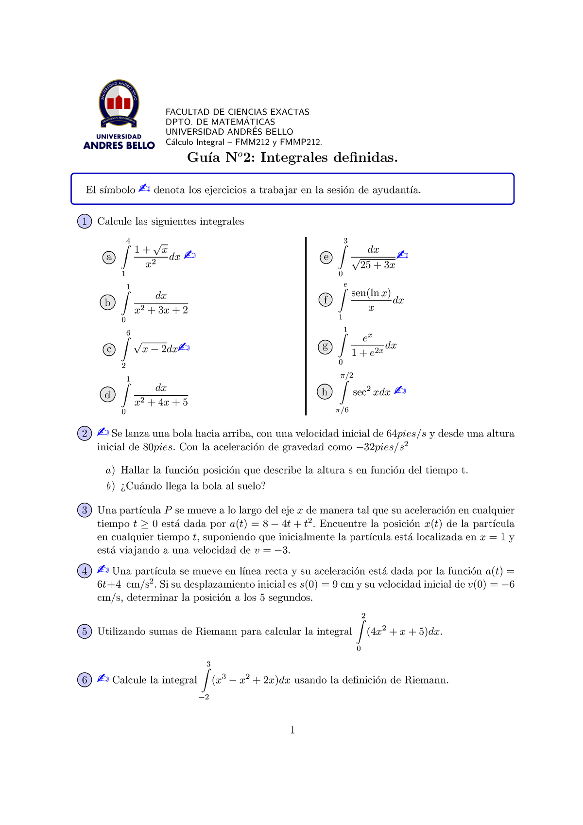 Calculo Integral. Guía 2 Integrales Definidas - FACULTAD DE CIENCIAS ...