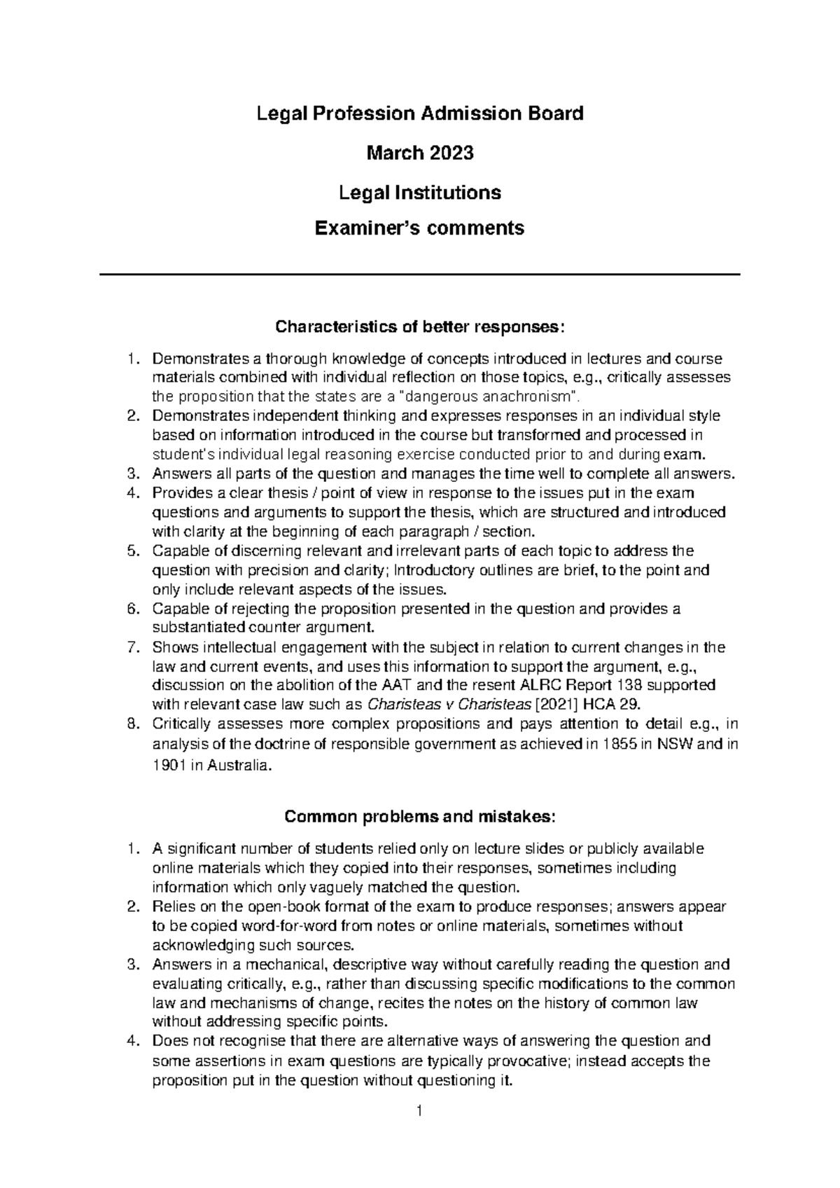 01 Legal Institutions Examiner's Comments S23 - 1 Legal Profession ...
