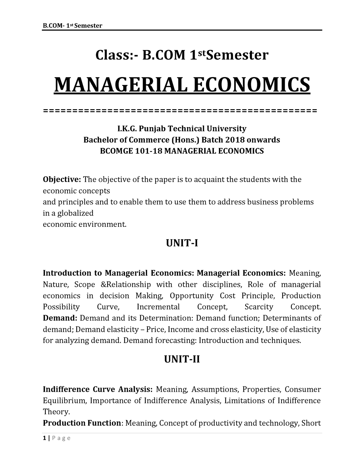 Managerial Economics - Class:- B 1stSemester MANAGERIAL ECONOMICS - Studocu