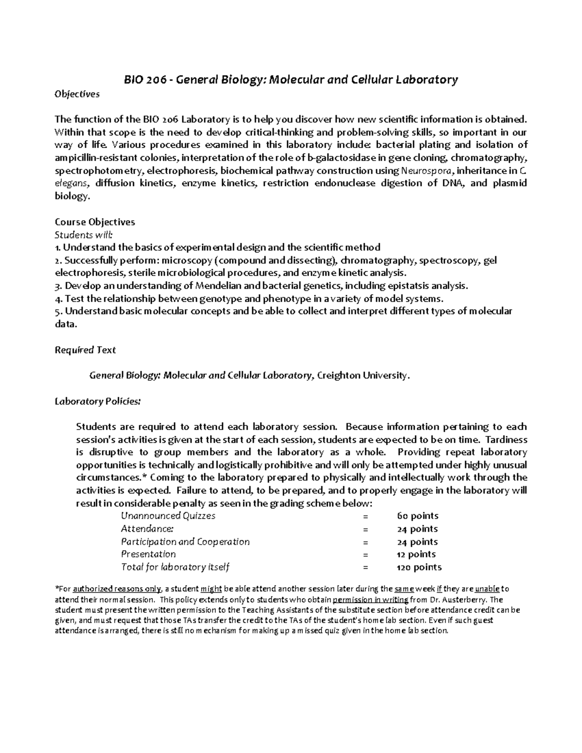 BIO206Syllabus - Notes - BIO 206 -­‐ General Biology: Molecular And ...