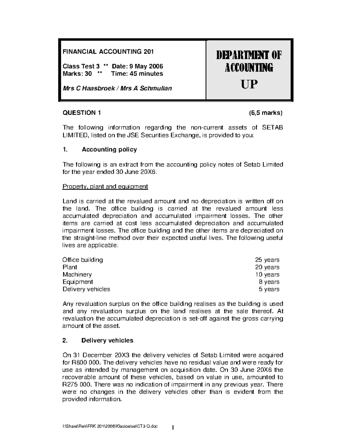 class-test-3-2006-question-financial-accounting-201-class-test-3