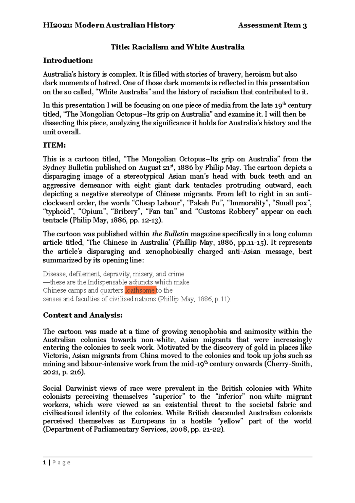 Assessment Item 2 History HI2021 Modern Australian History
