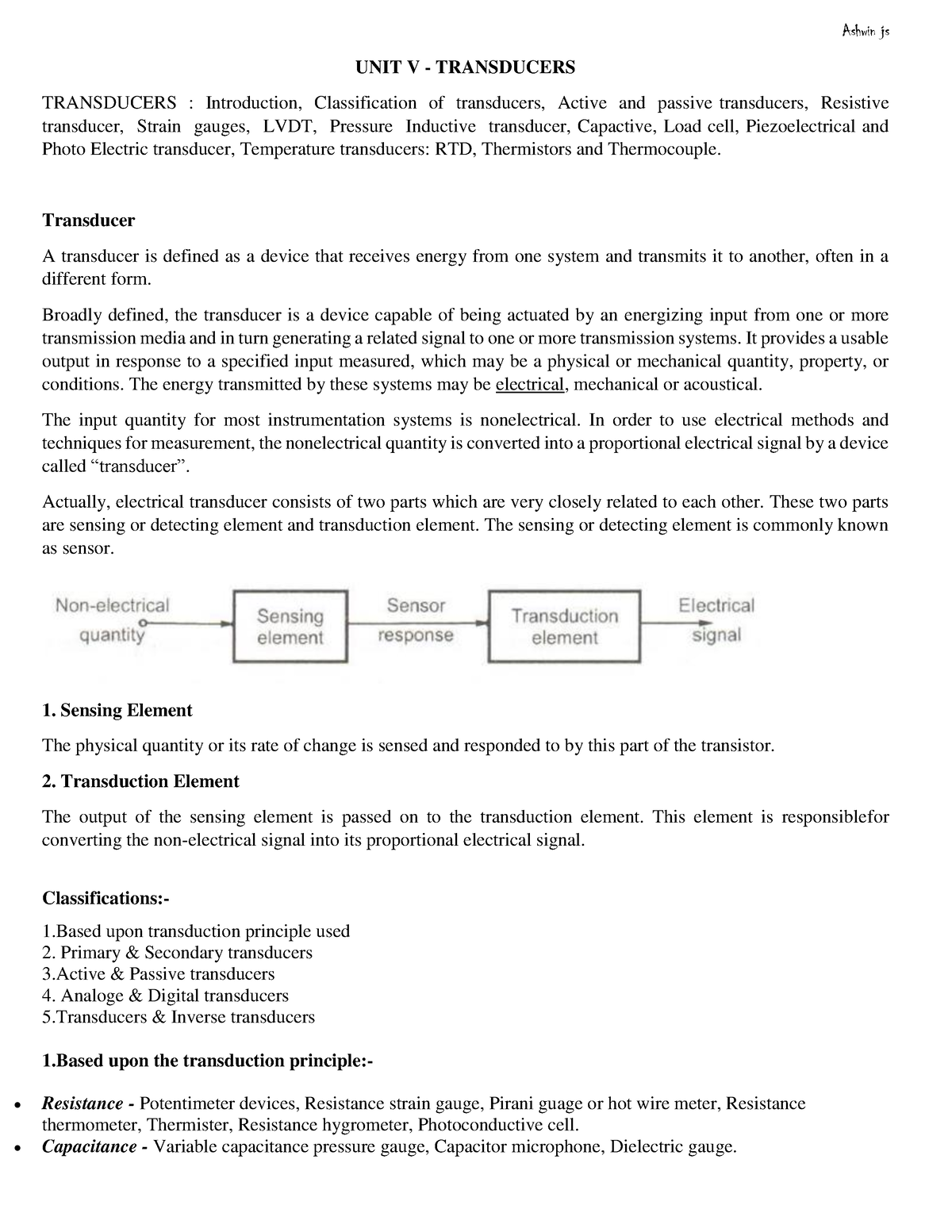 Emi-unit-5 - UNIT V - TRANSDUCERS TRANSDUCERS : Introduction ...