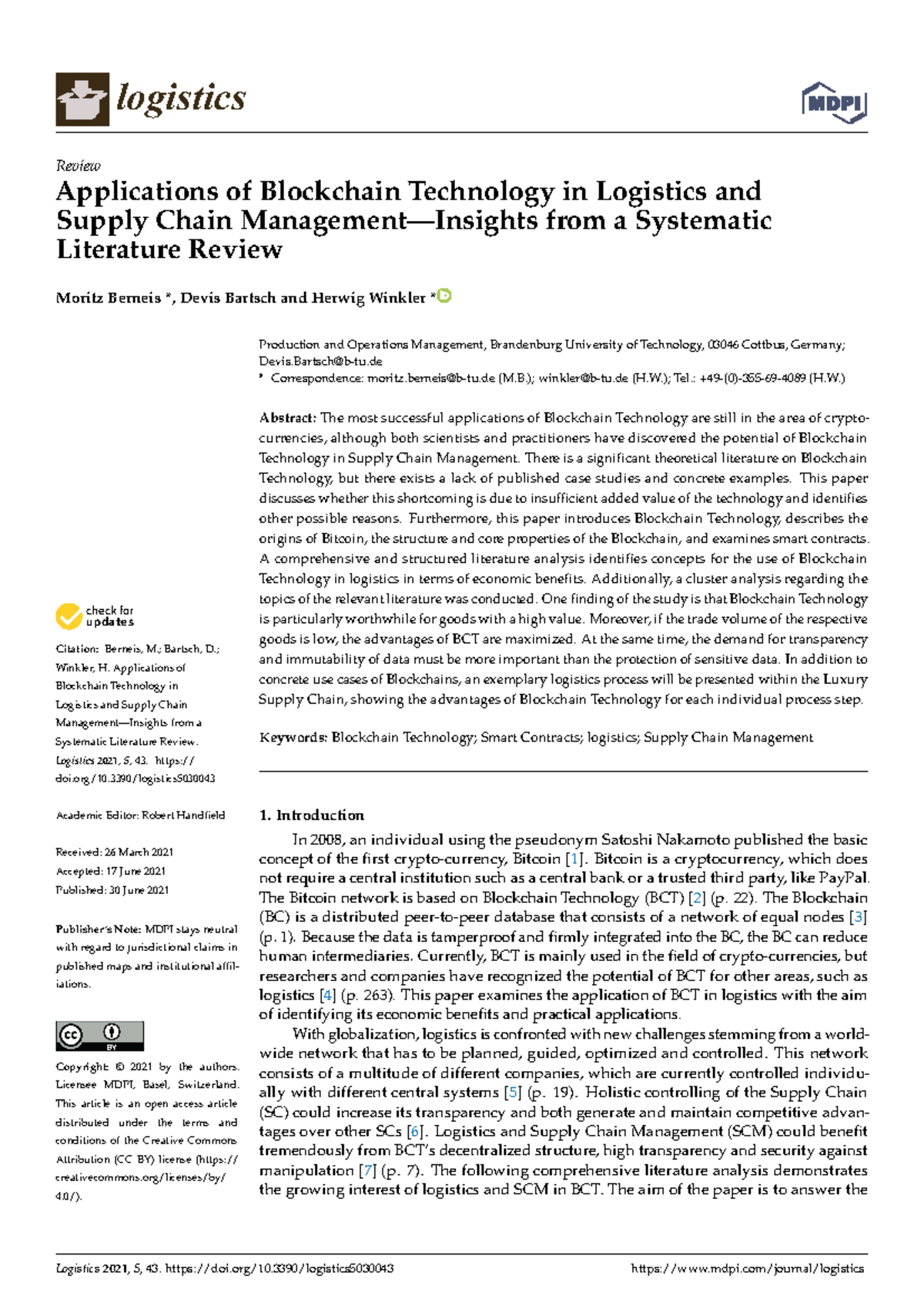 Logistics 05 00043 v2 logistics Review Applications of Blockchain