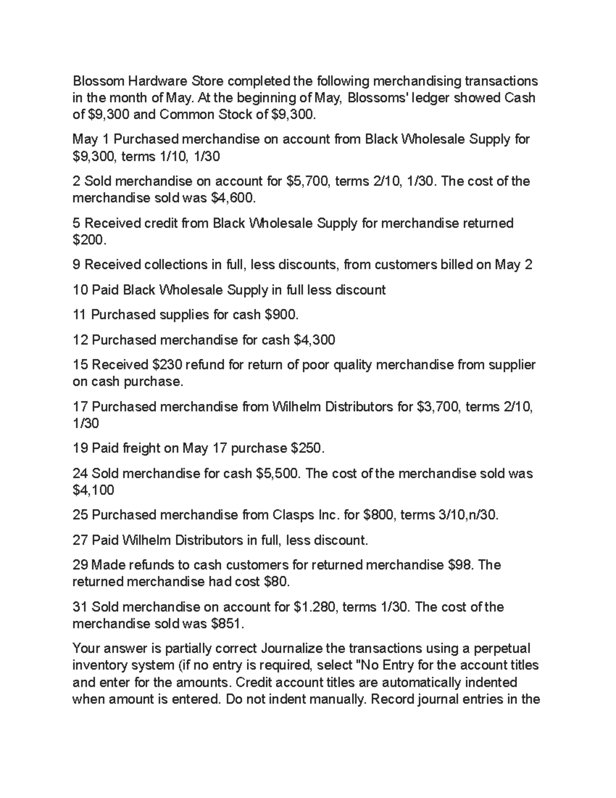 Blossom Hardware Store - Inventory transactions (Journal entries and ...