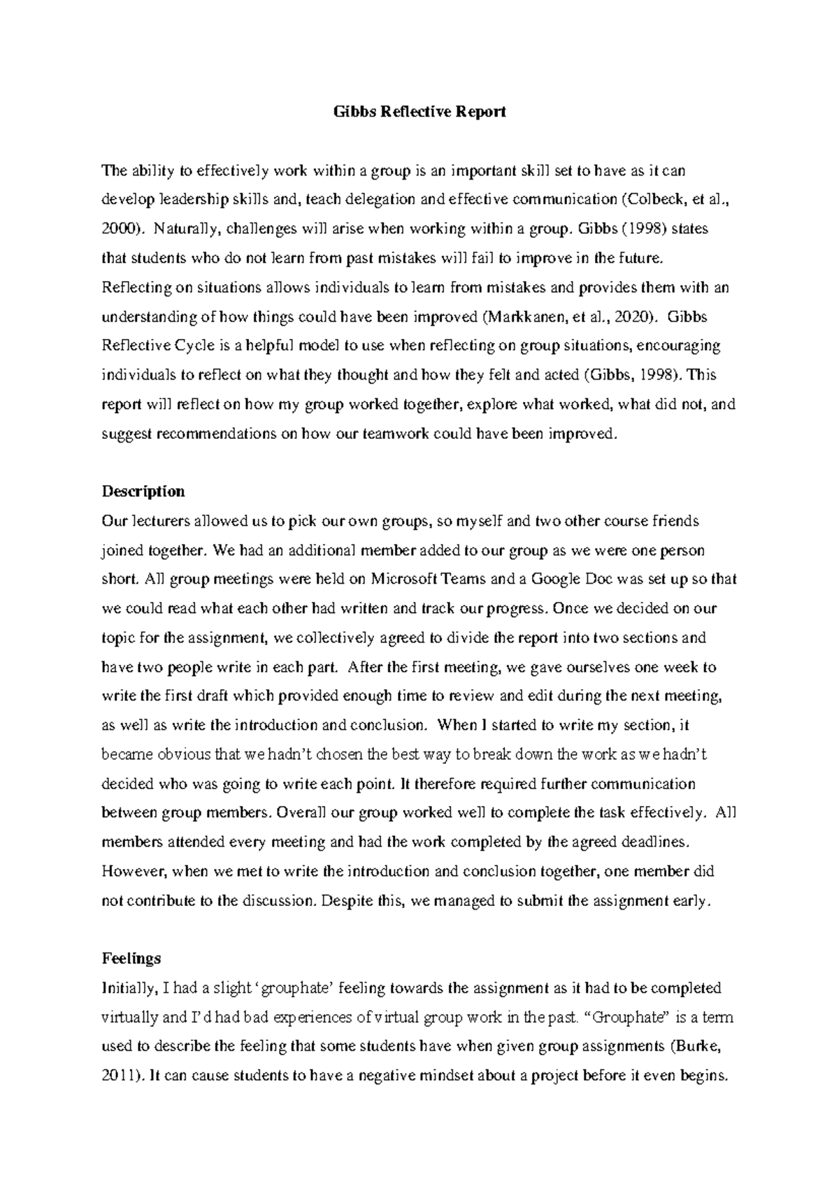 group work reflection essay example