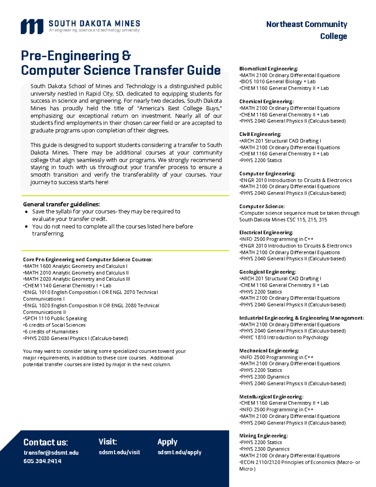 Northeast CC Transfer Guide - Pre-Engineering & Computer Science ...