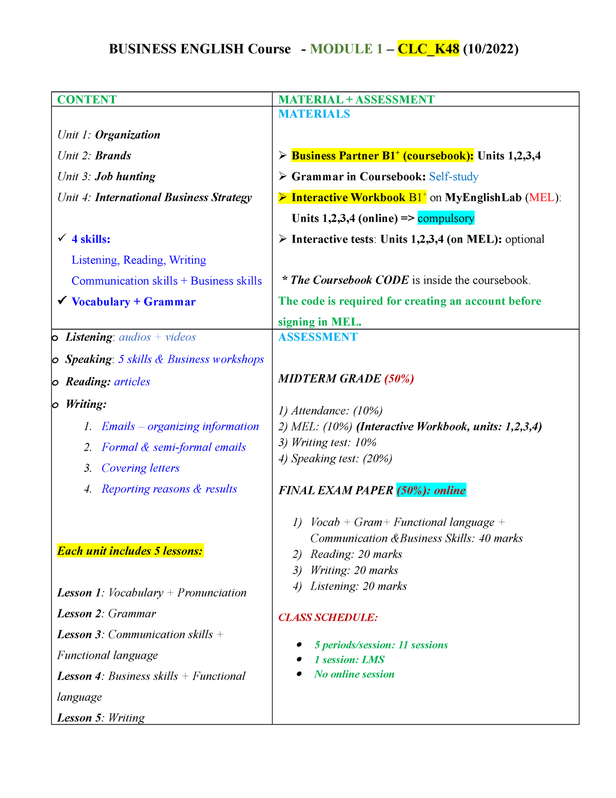 Course Outline BP B1+ M1 CLC K48 - BUSINESS ENGLISH Course - MODULE 1 ...