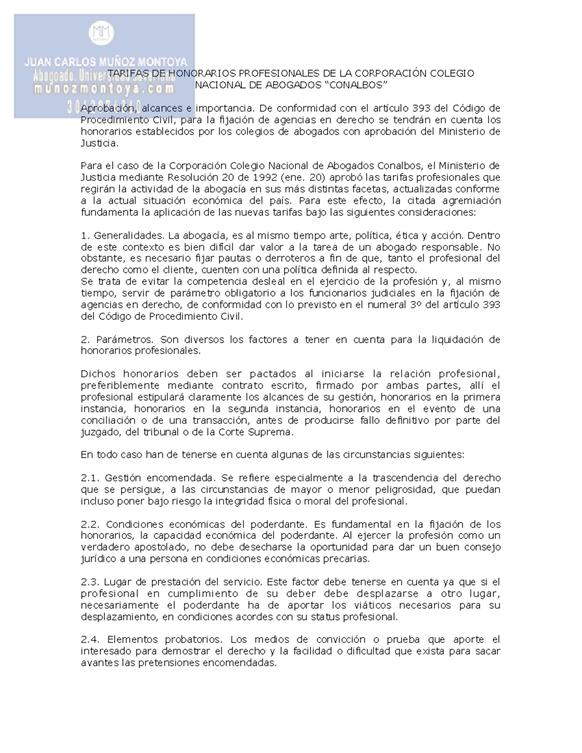 Tarifas DE Conalbos TARIFAS DE HONORARIOS PROFESIONALES DE LA