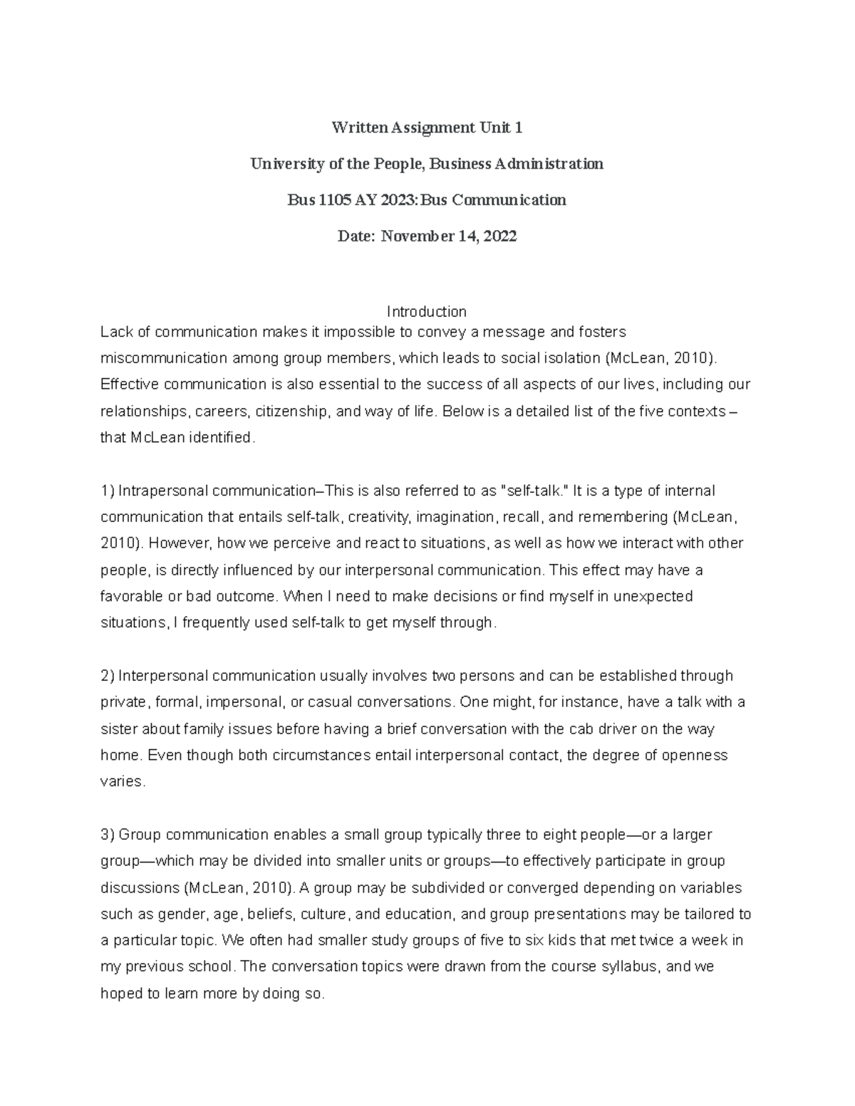 Unit 1 Written Assignment bus 1105 business comm. Written Assignment