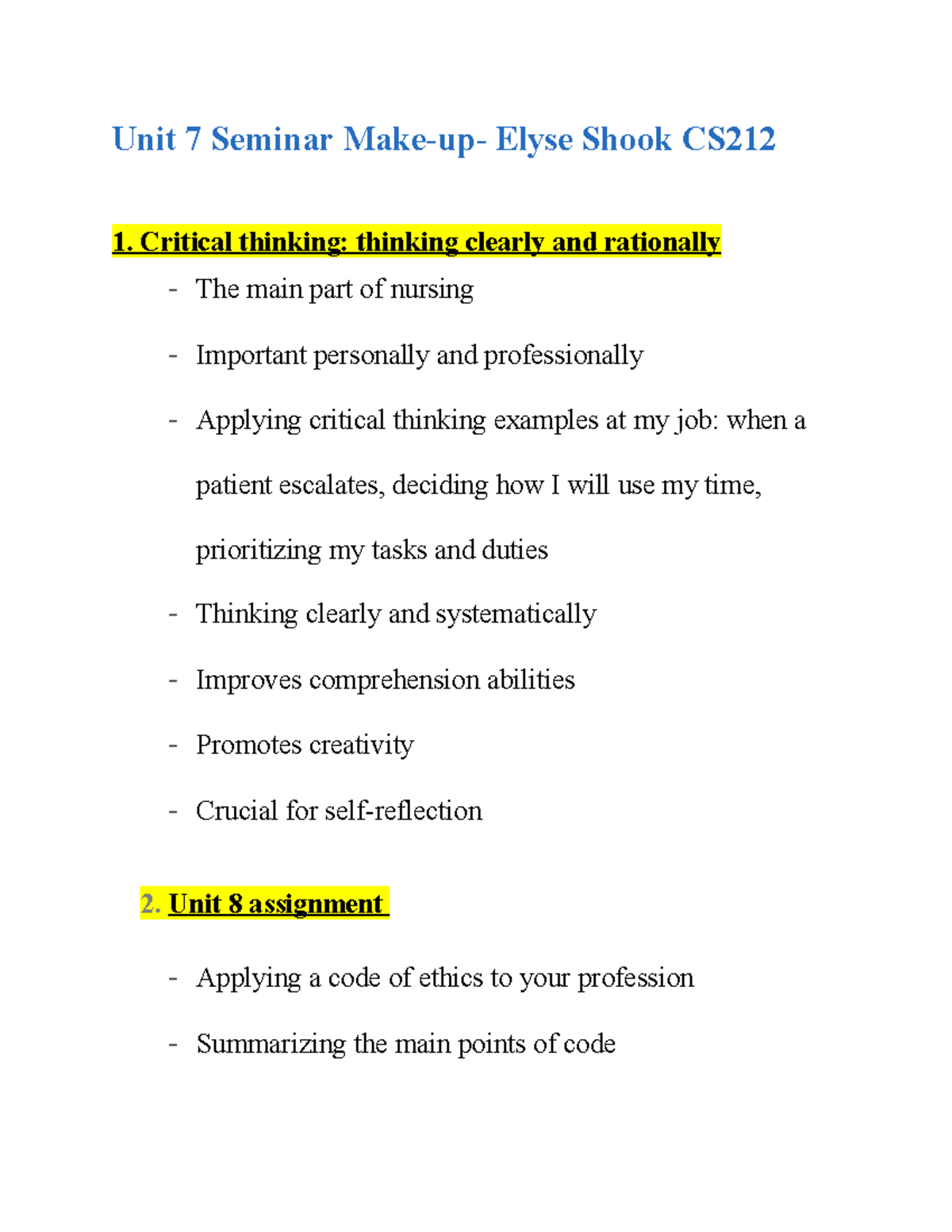 Unit 7 Seminar Make Up - Notes - Unit 7 Seminar Make-up- Elyse Shook CS ...