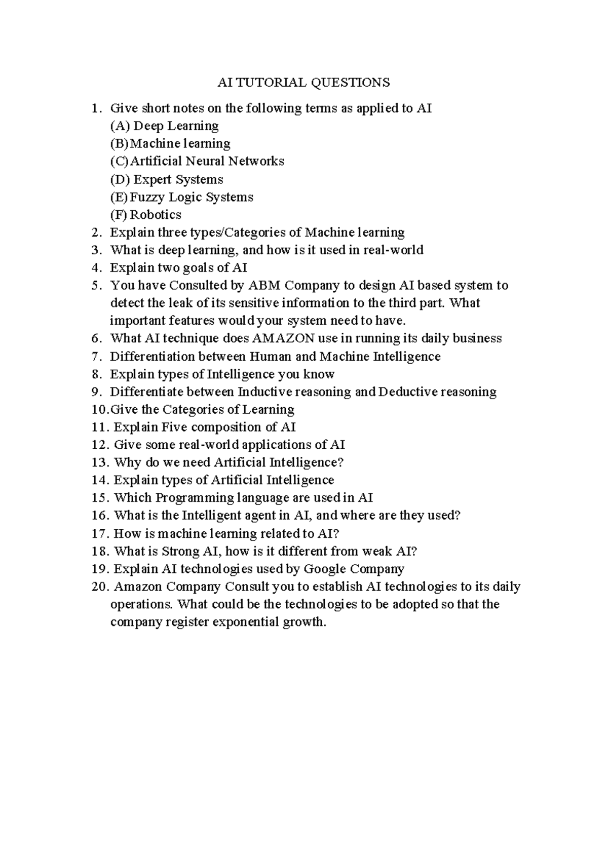 AI Tutorial Questions - projects - AI TUTORIAL QUESTIONS Give short ...
