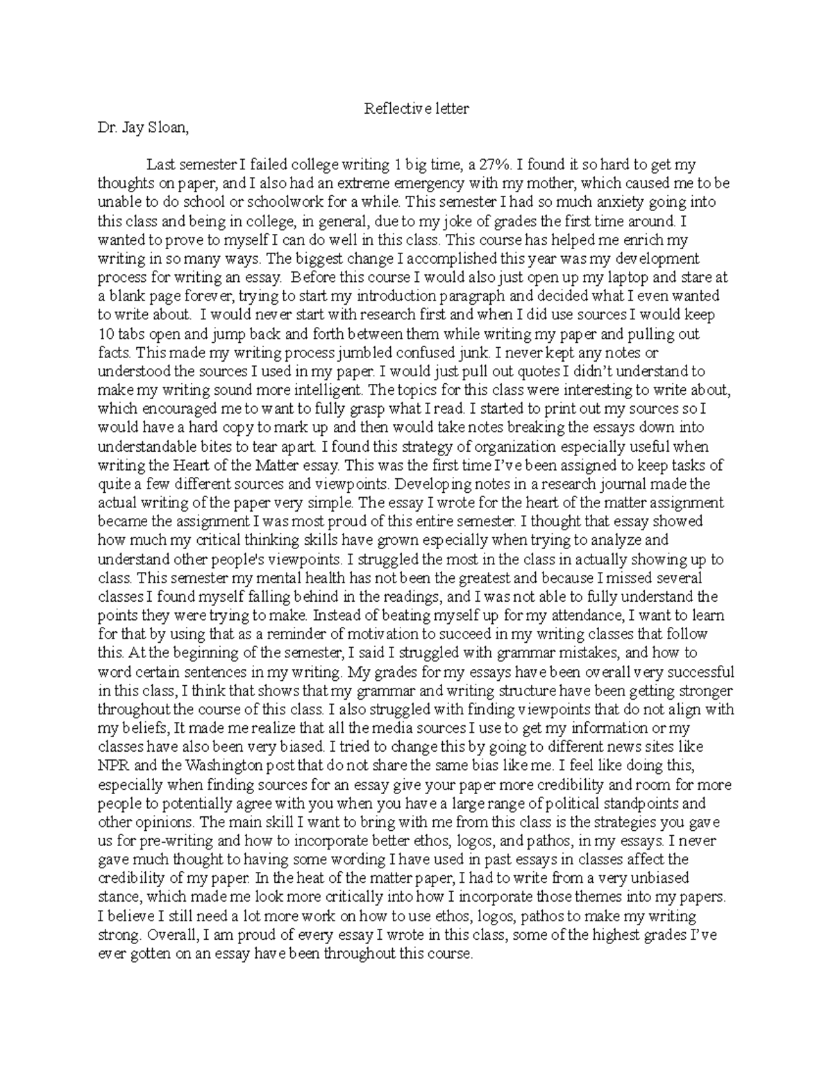 Reflective letter professor Madeline Barton Reflective letter Dr