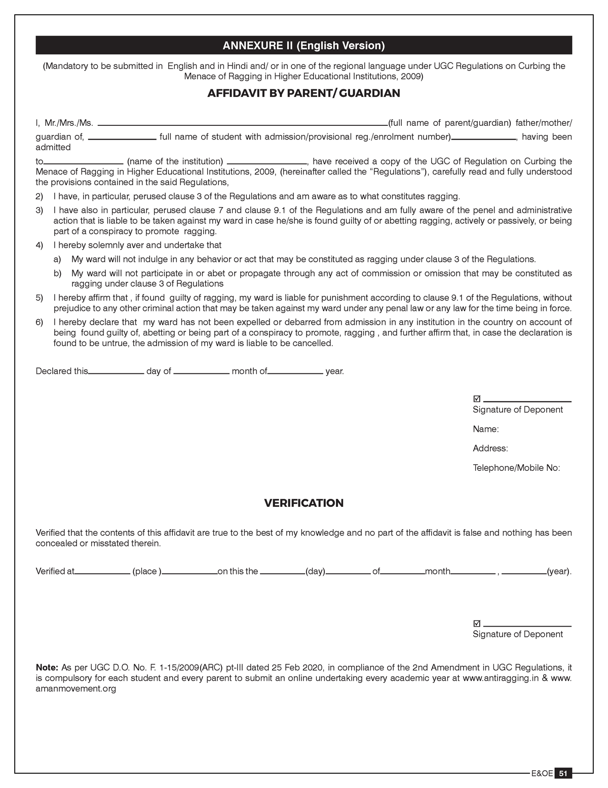 Lpu Antiragging Afdvt parents - . E&OE 51 ANNEXURE II (English Version ...