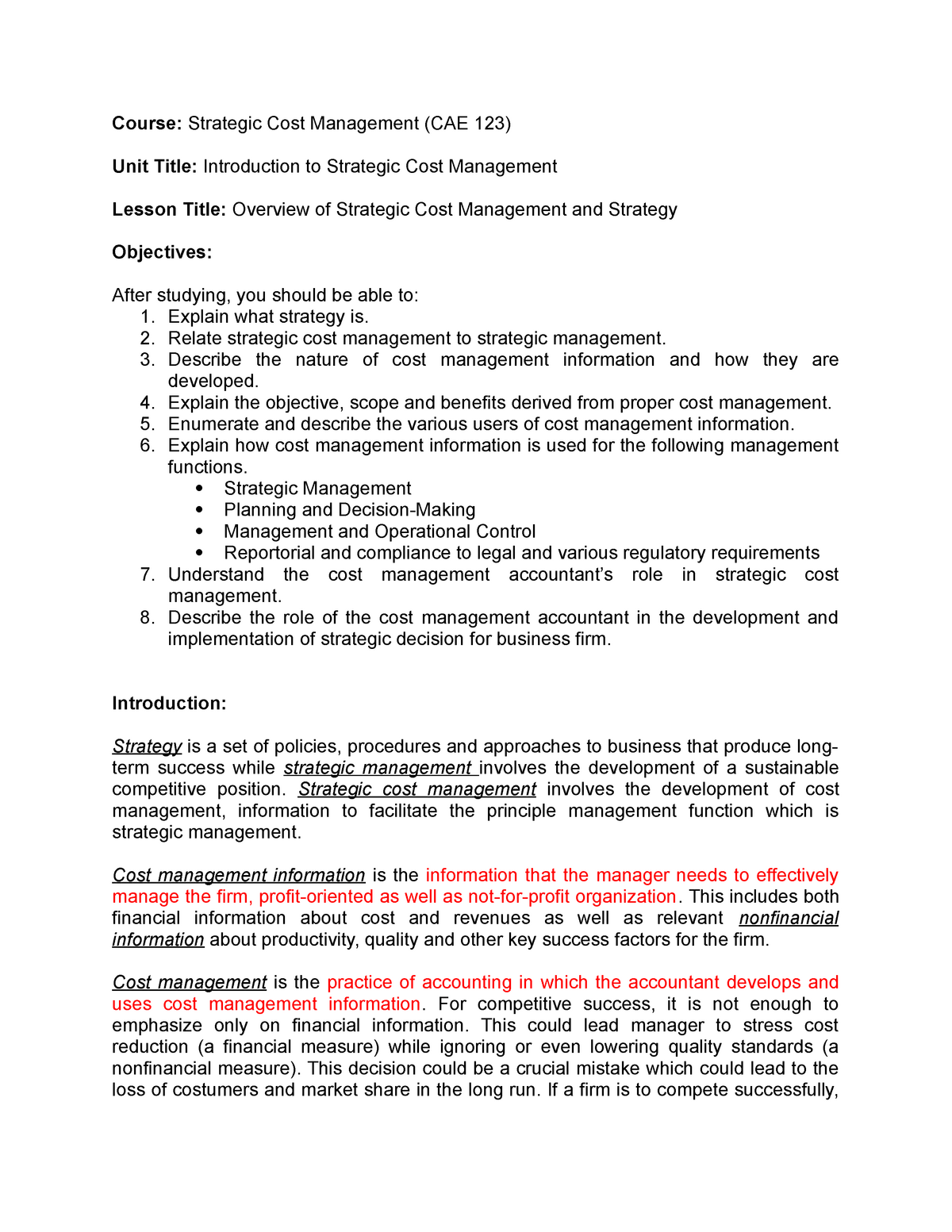 Module 1 Overview Of Cost Management And Strategy Course Strategic 