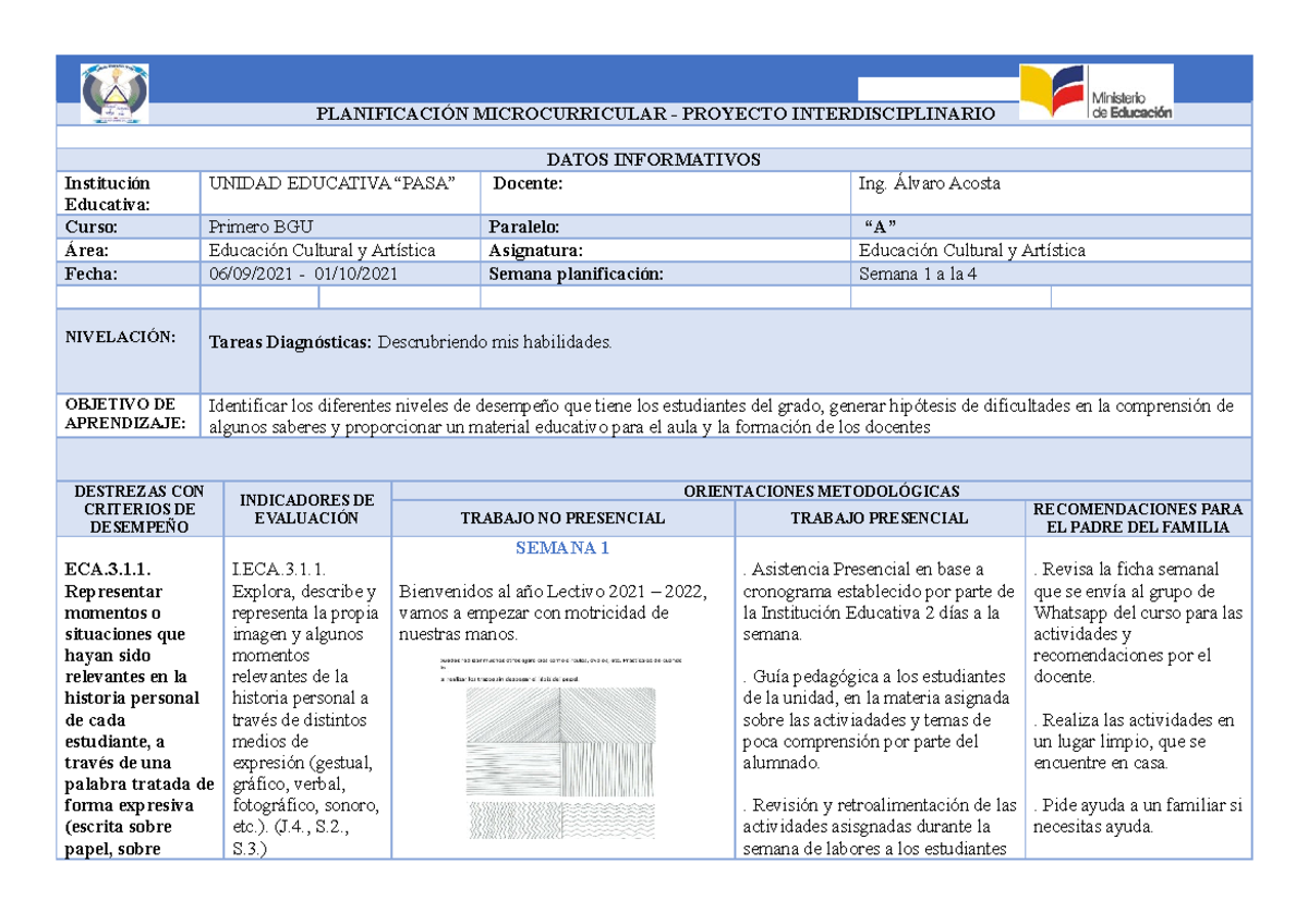 1 Parcial Planificacion Microcirricular Primero Bgu A PlanificaciÓn Microcurricular 6674