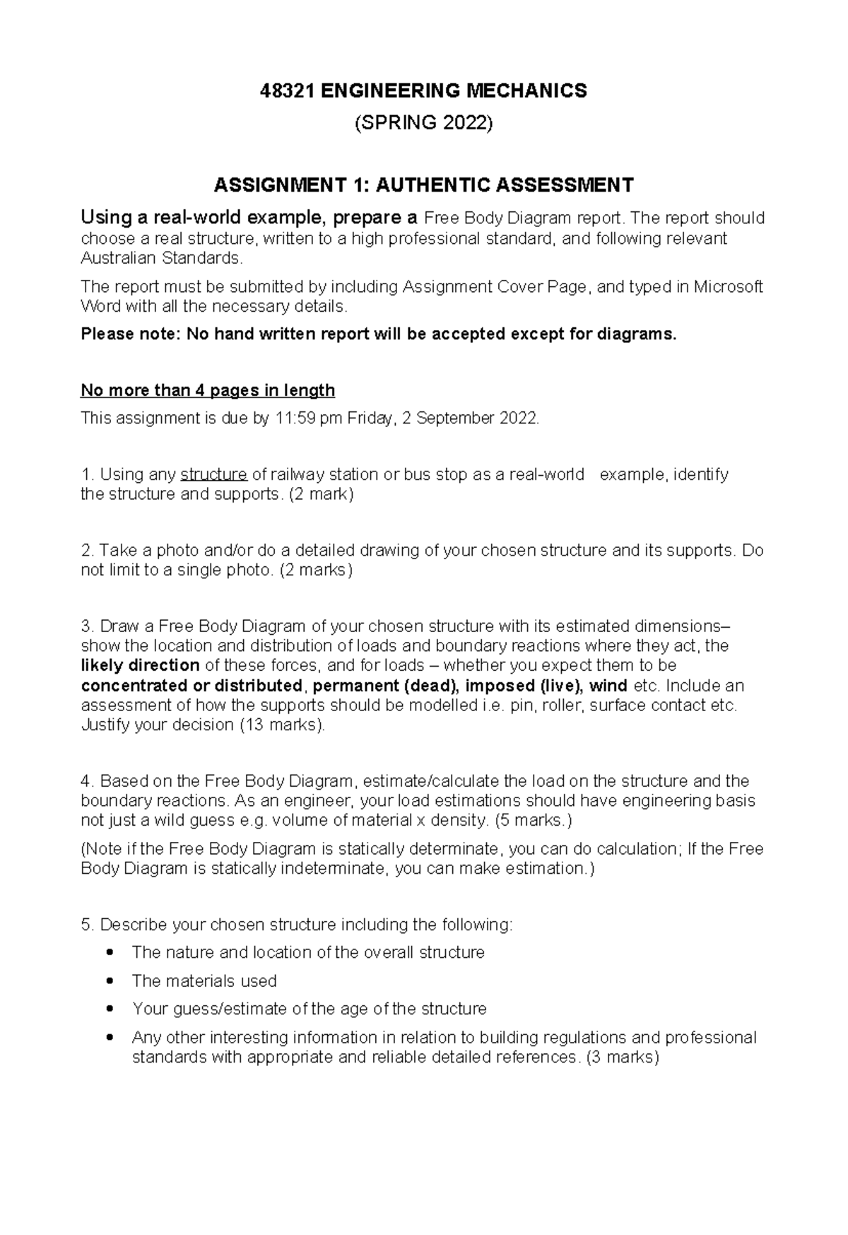 48321 Assignment Task1 SPR2022 - 48321 ENGINEERING MECHANICS (SPRING ...