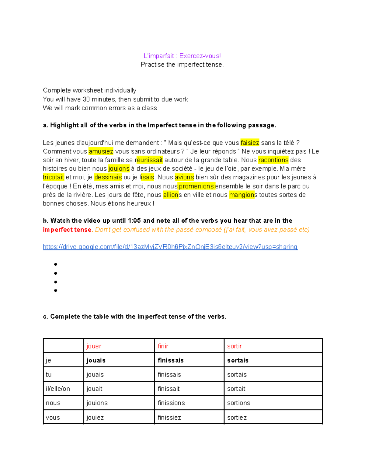 Copy of L'imparfait Conjugation Worksheet - Practise the imperfect ...