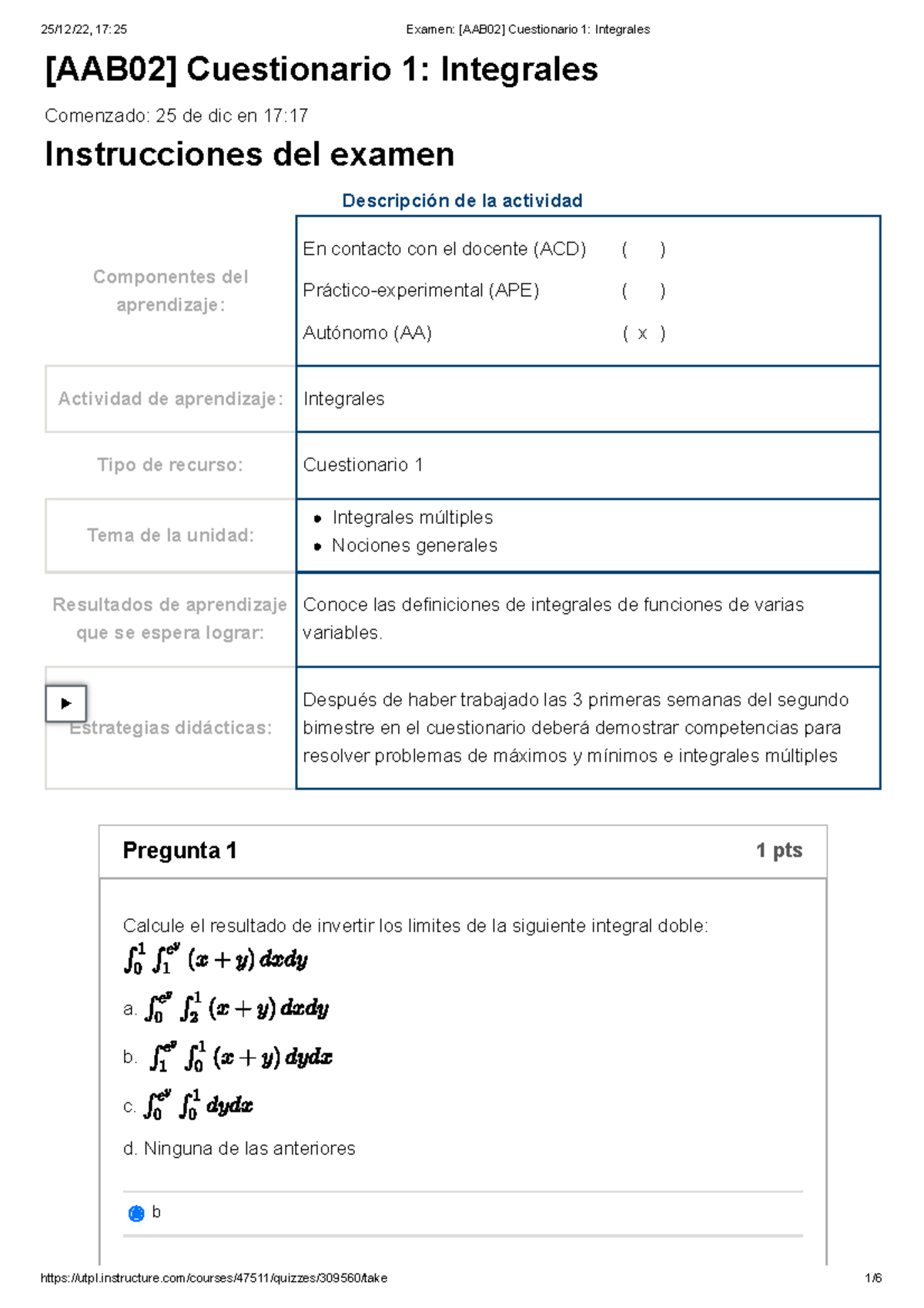 Cuestionario B De Examen Aab Cuestionario Integrales Comenzado De Dic ...