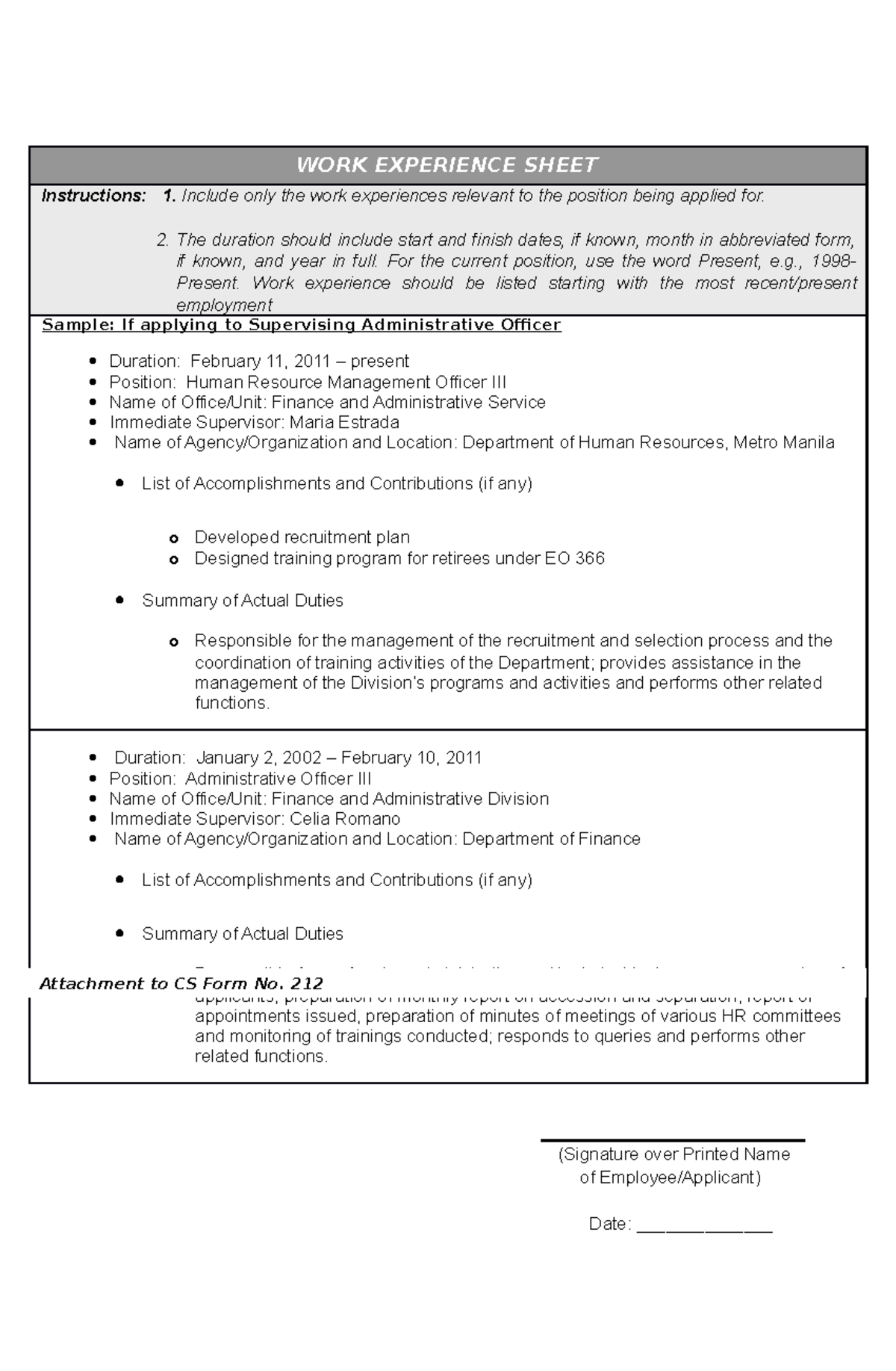 CS Form No. 212 Attachment - Work Experience Sheet - WORK EXPERIENCE ...