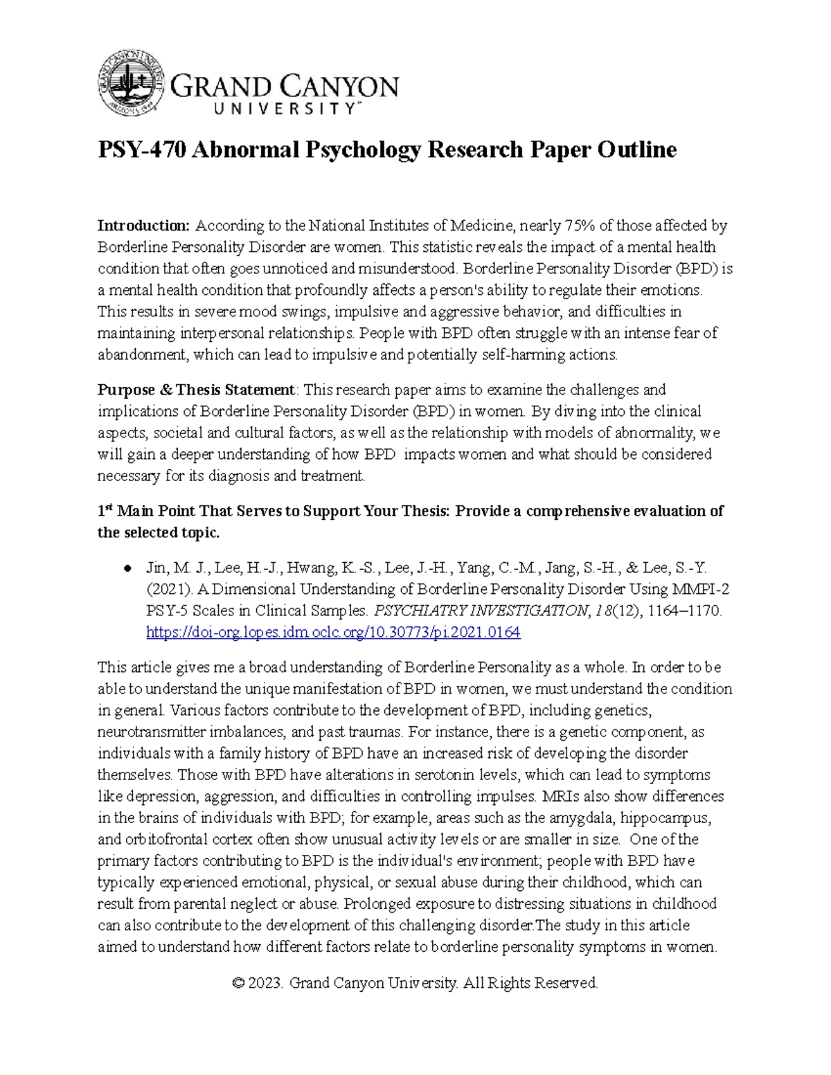 PSY-470-outline - PSY-470 Abnormal Psychology Research Paper Outline ...