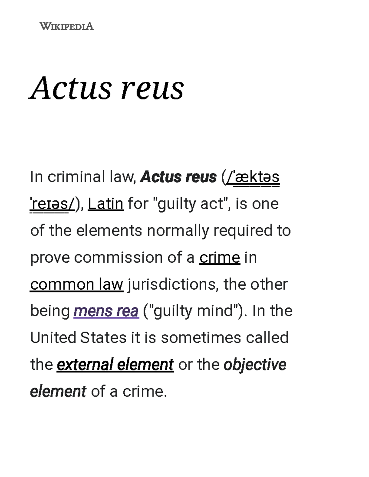 Actus reus - Wikipedia - Actus reus In criminal law, Actus reus ...