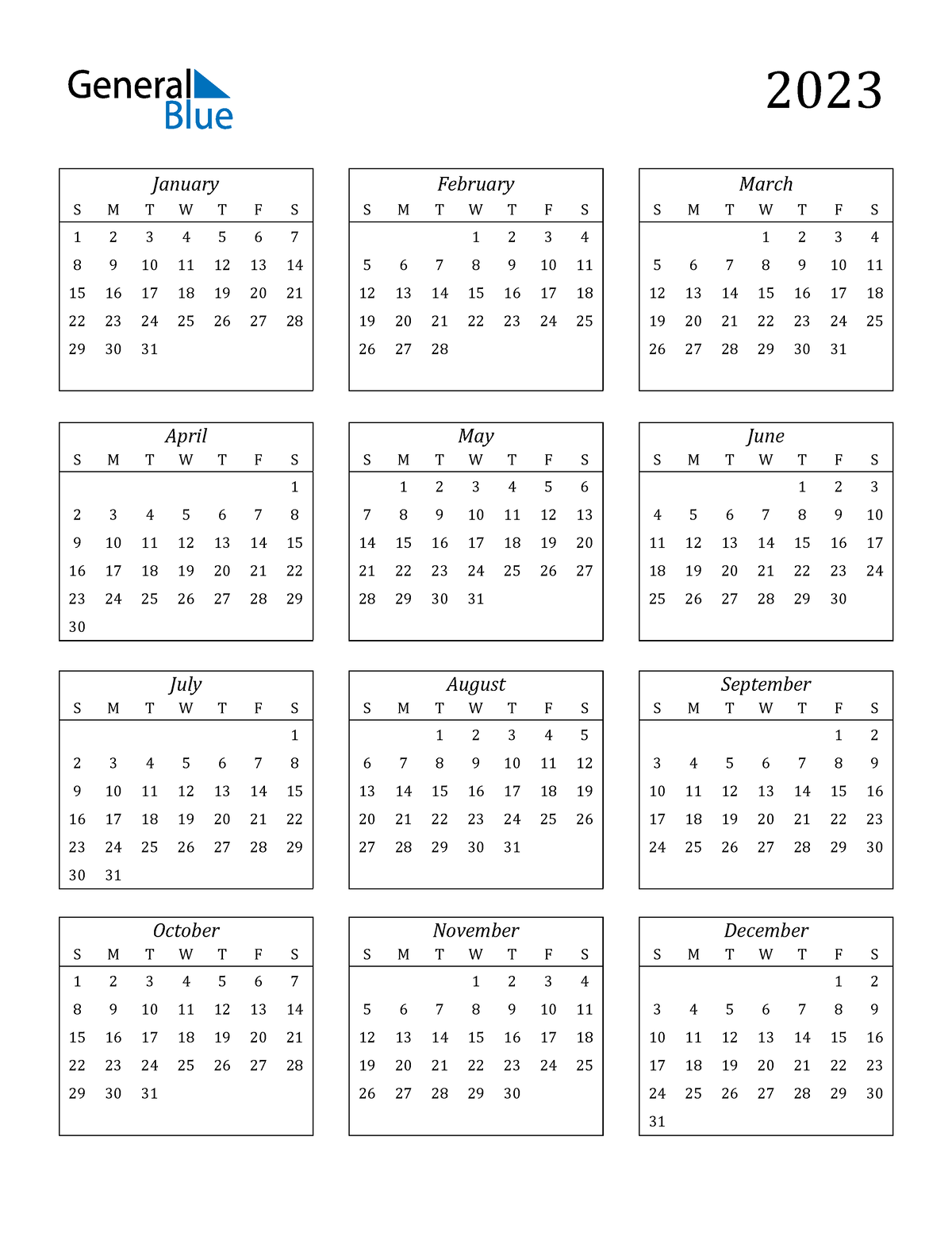 2023 calendar streamlined portrait sunday start - 2023 January February ...