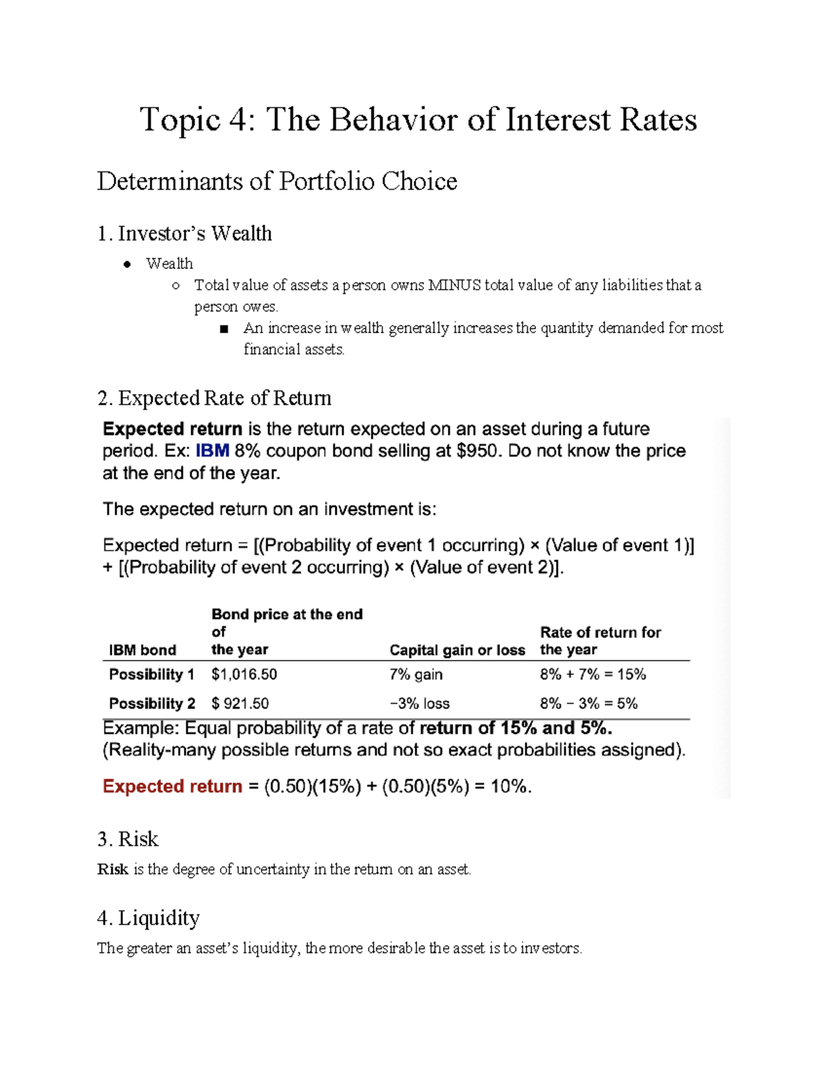 Topic 4 The Behavior of Interest Rates - Investor’s Wealth Wealth Total ...