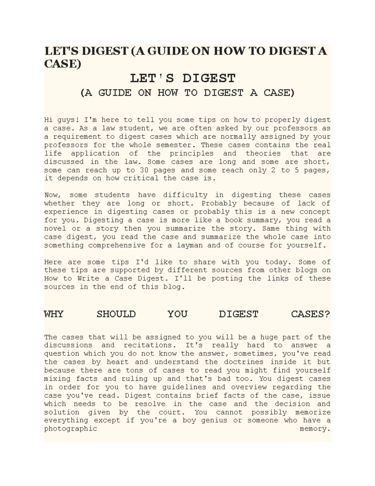 Digesting A CASE - Case Digest - LET'S DIGEST (A GUIDE ON HOW TO DIGEST ...