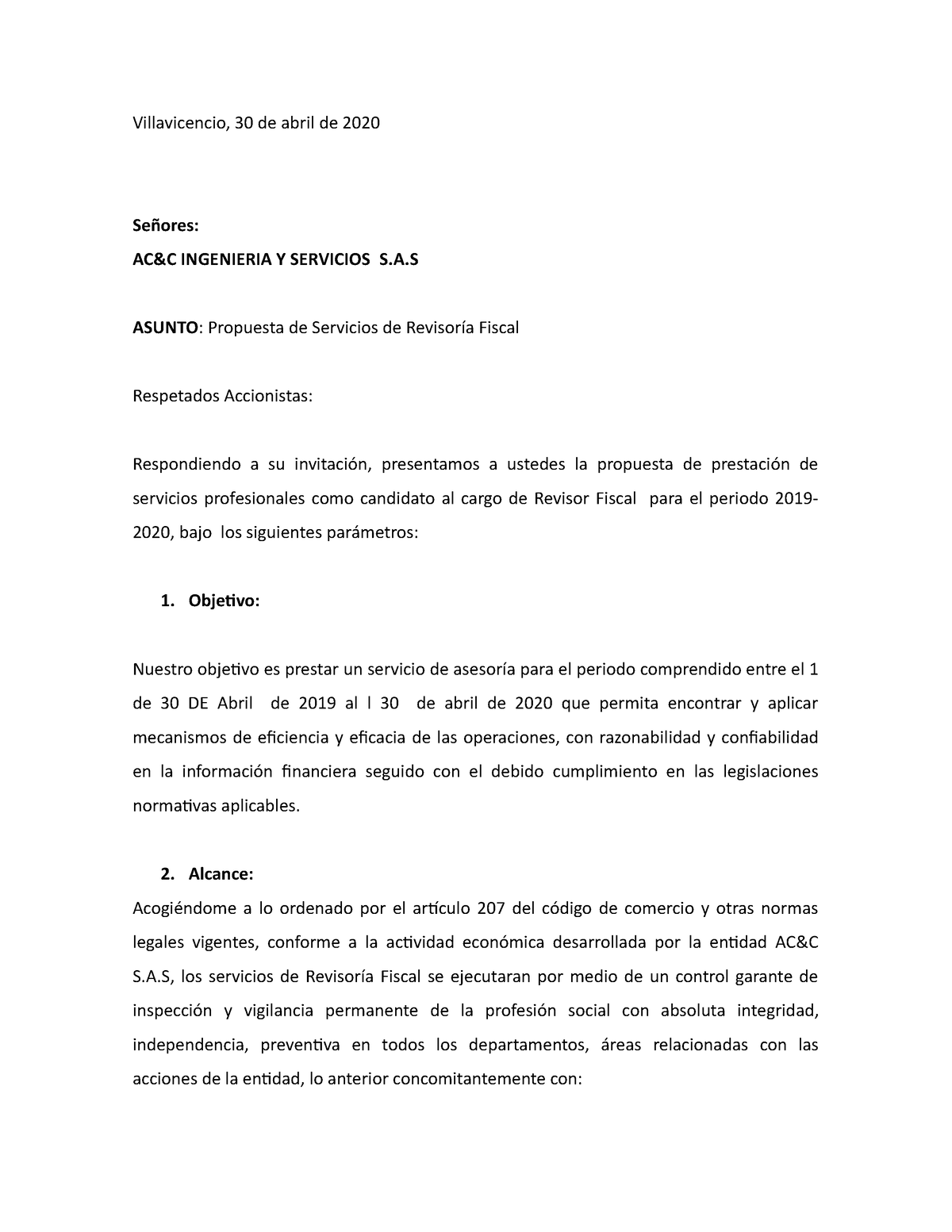 Propuesta De Servicios De Revisoria Fiscal Villavicencio 30 De Abril