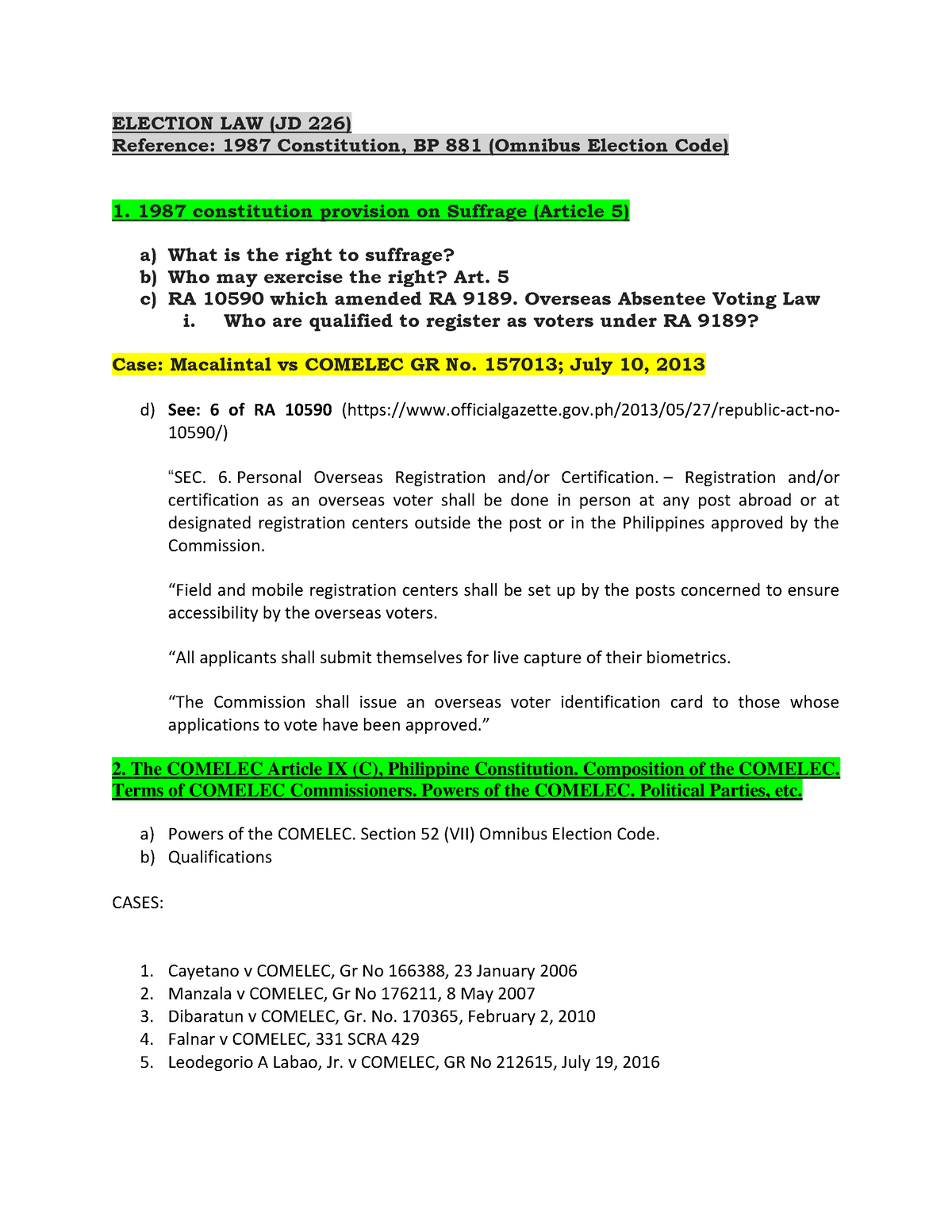 Election LAW - ELECTION LAW (JD 226) Reference: 1987 Constitution, BP ...