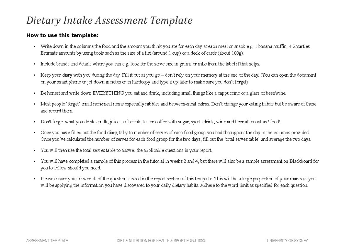 EDGU1003 Assessment Template - Dietary Intake Assessment Template How ...