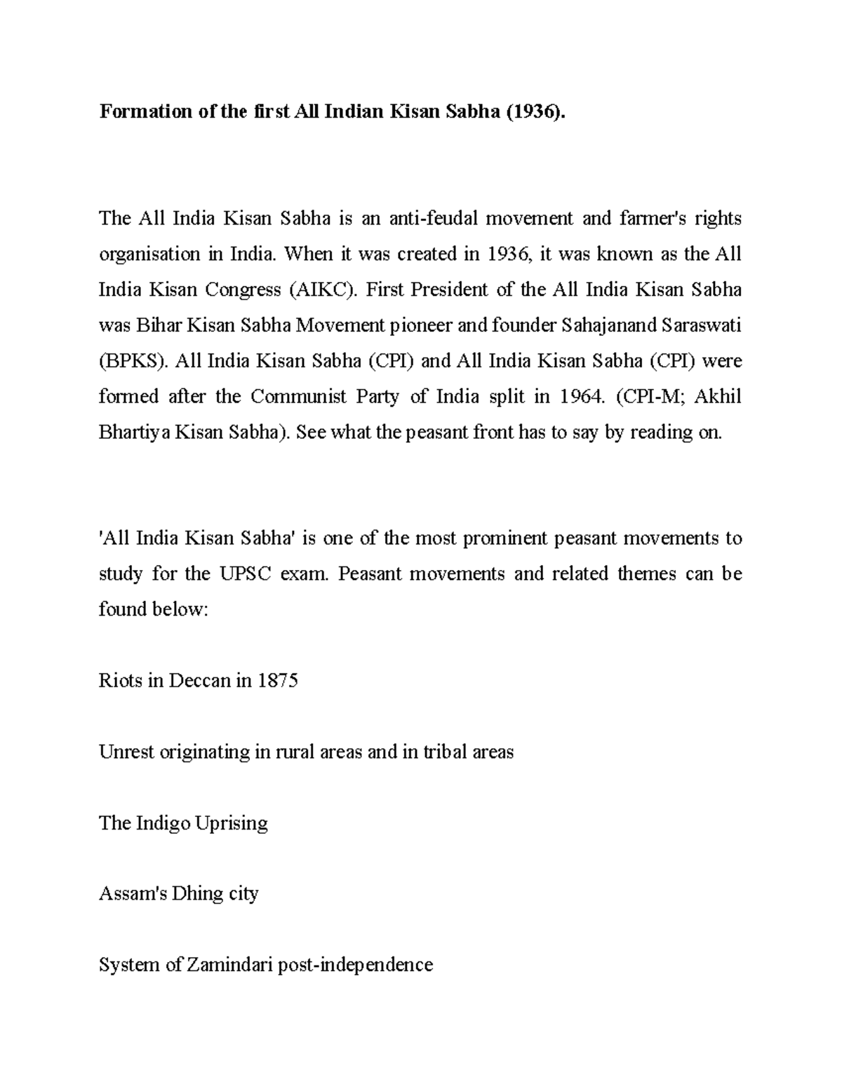 Formation of the first All Indian Kisan Sabha The All India Kisan